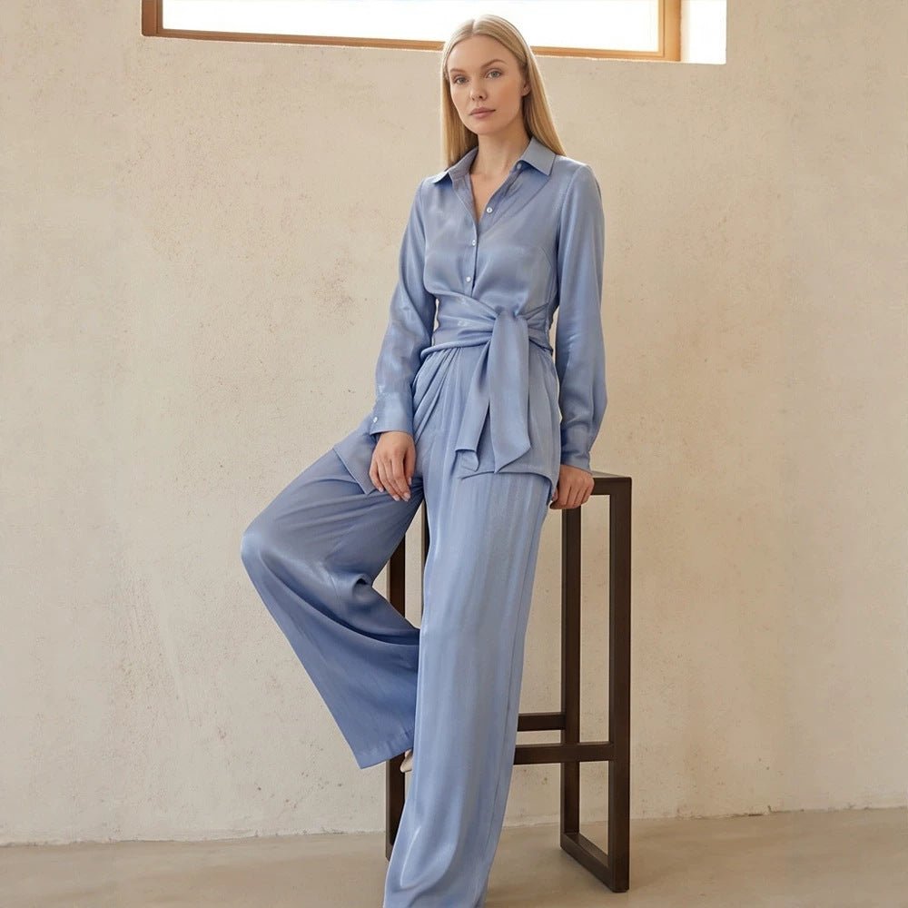 Ladies Two-Piece Silky Shirt and Palazzo Set with Wrap Waist Chichicherry - Chichicherry
