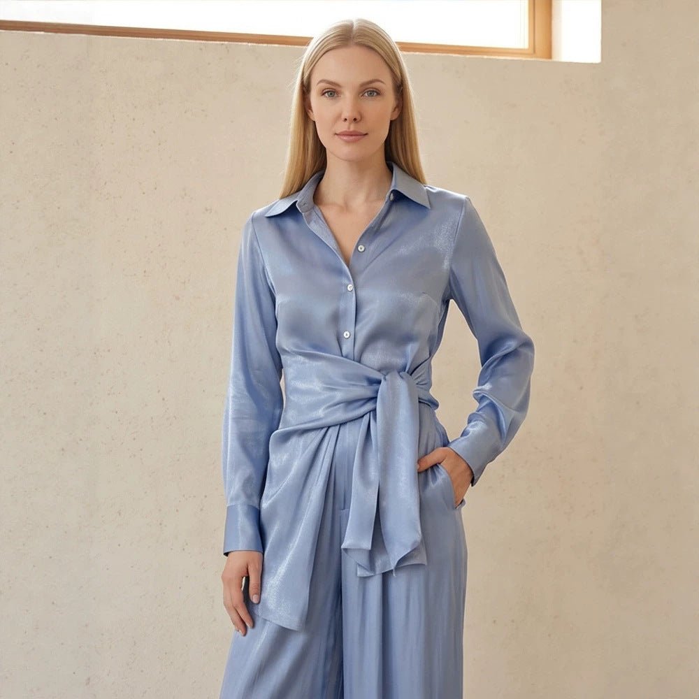 Ladies Two-Piece Silky Shirt and Palazzo Set with Wrap Waist Chichicherry - Chichicherry