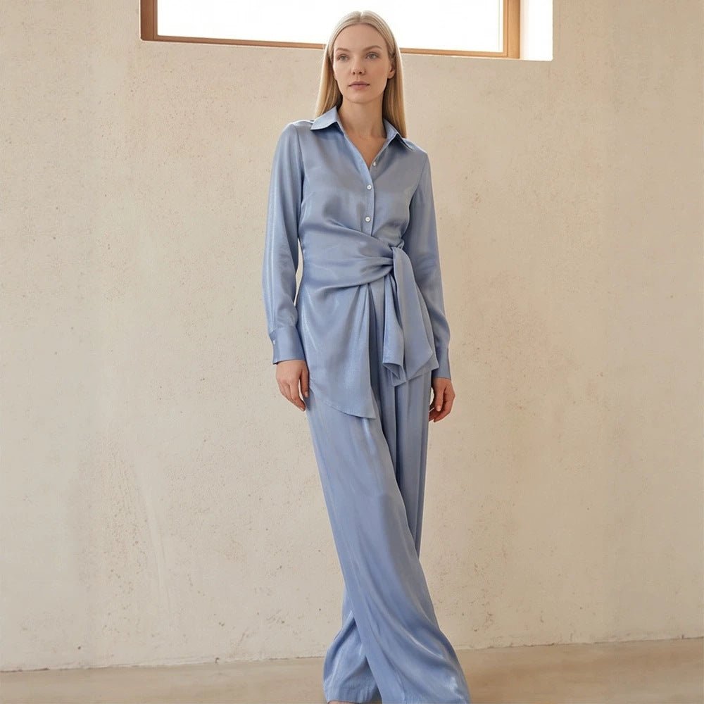 Ladies Two-Piece Silky Shirt and Palazzo Set with Wrap Waist Chichicherry - Chichicherry