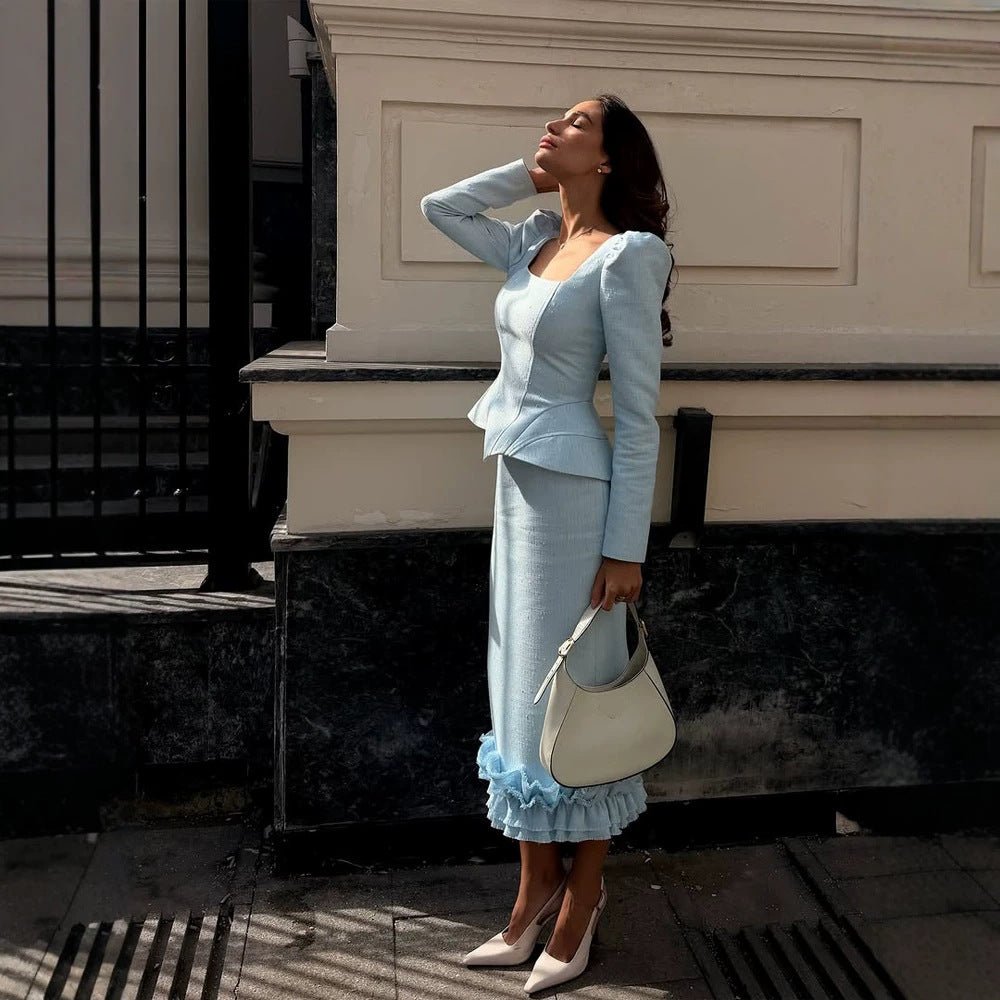 Ladies two-piece tailored ensemble with square neckline and flounce midi skirt Chichicherry - Chichicherry