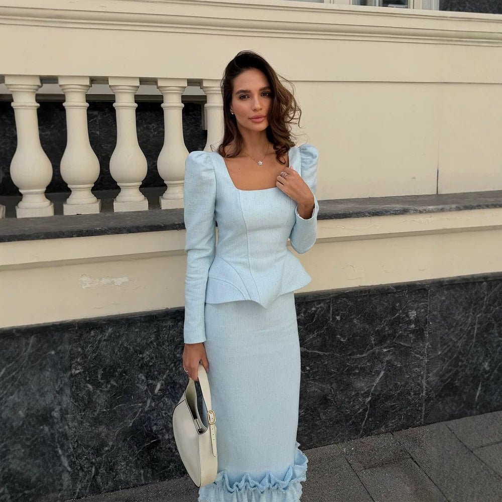 Ladies two-piece tailored ensemble with square neckline and flounce midi skirt Chichicherry - Chichicherry