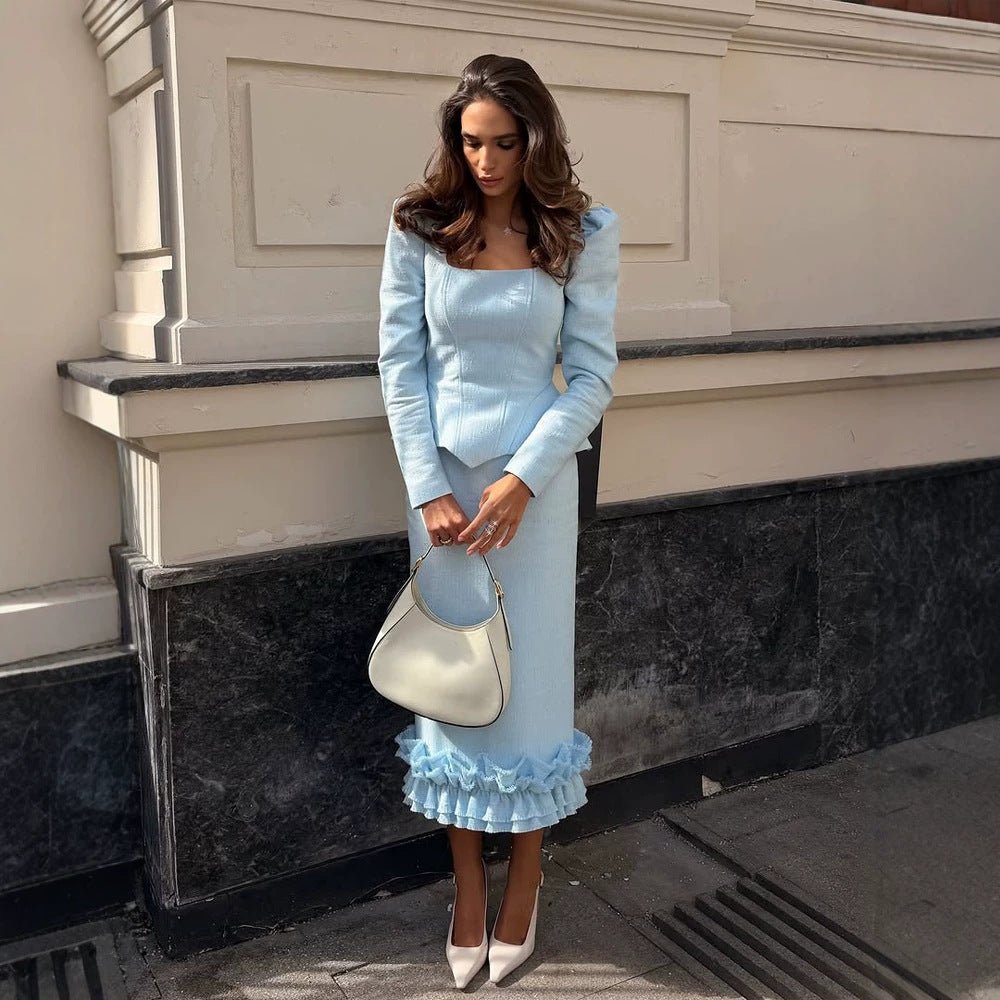 Ladies two-piece tailored ensemble with square neckline and flounce midi skirt Chichicherry - Chichicherry