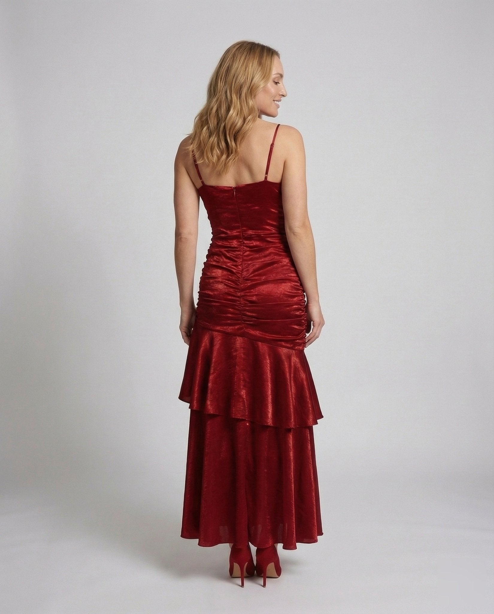 Ladies Velvet Evening Dress with Ruffled Skirt - Chichicherry