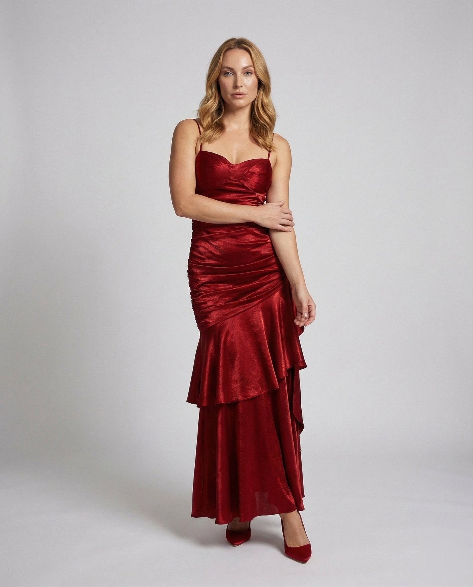 Ladies Velvet Evening Dress with Ruffled Skirt - Chichicherry