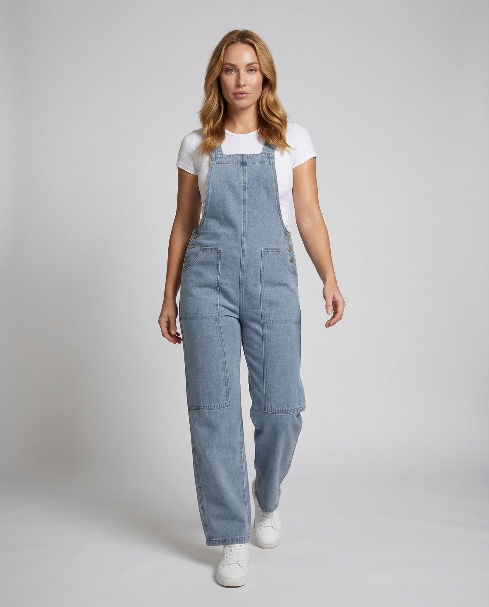 Ladies Wide Denim Overall with Straight Leg and Large Pockets - Chichicherry