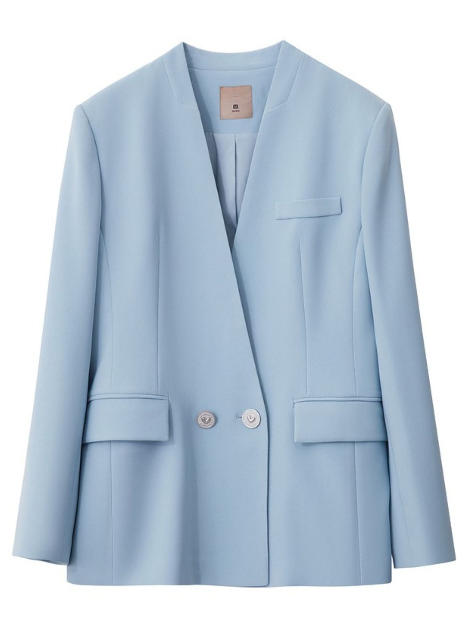 Flat-lay view of the light blue blazer from the front, featuring flap pockets
