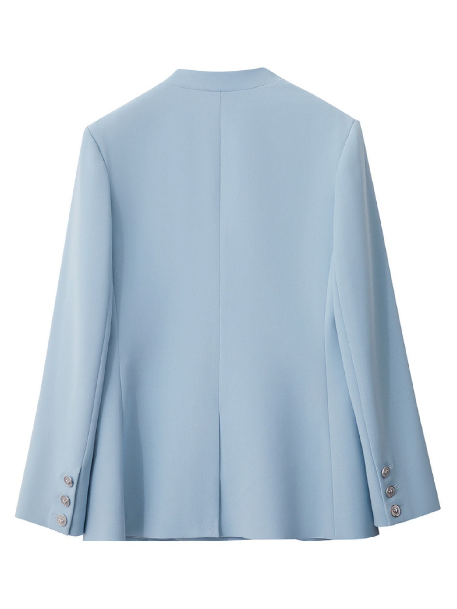 Flat-lay back view of the light blue blazer highlighting back seam and vent