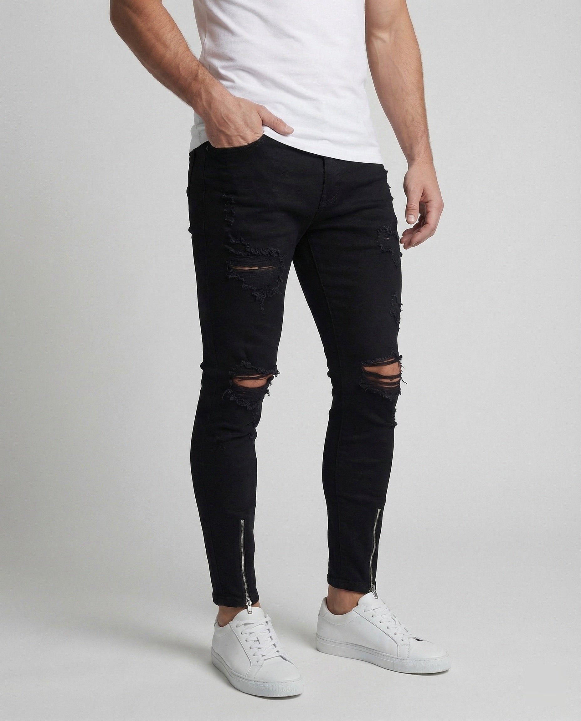 Men's Skinny Jeans with Rips & Hem Zipper