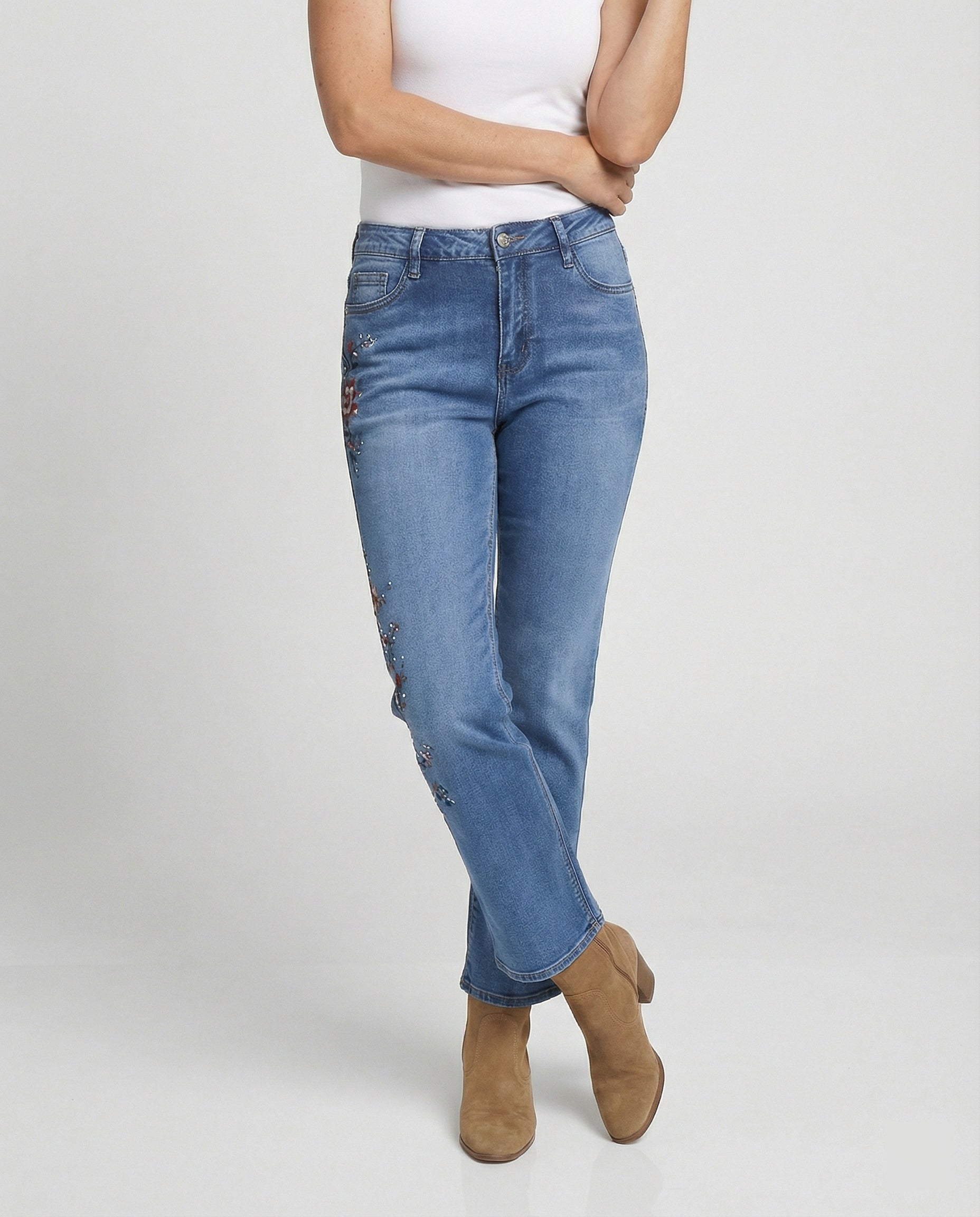 Women's Bootcut Jeans with Floral Embroidery Stretch