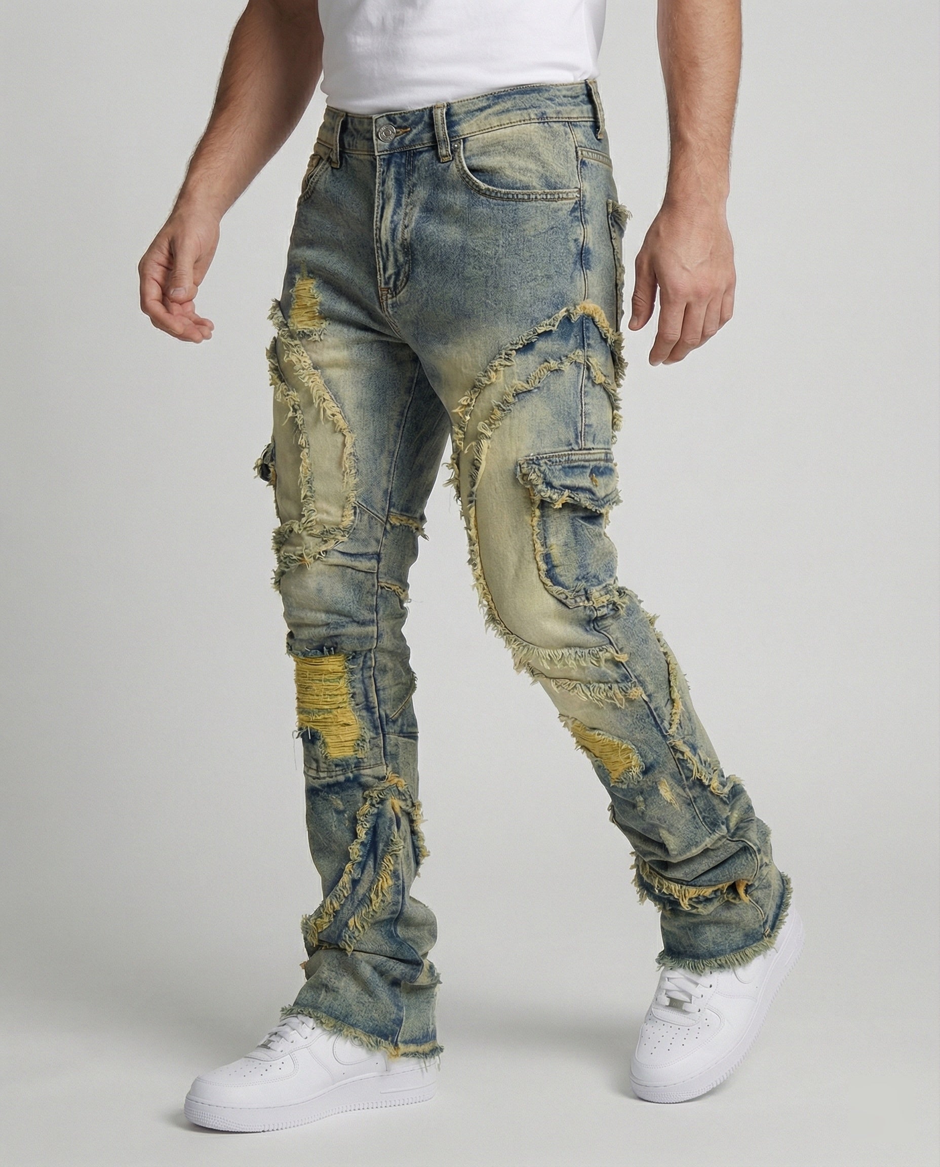 Men's Destroyed Jeans with Cargo Pockets