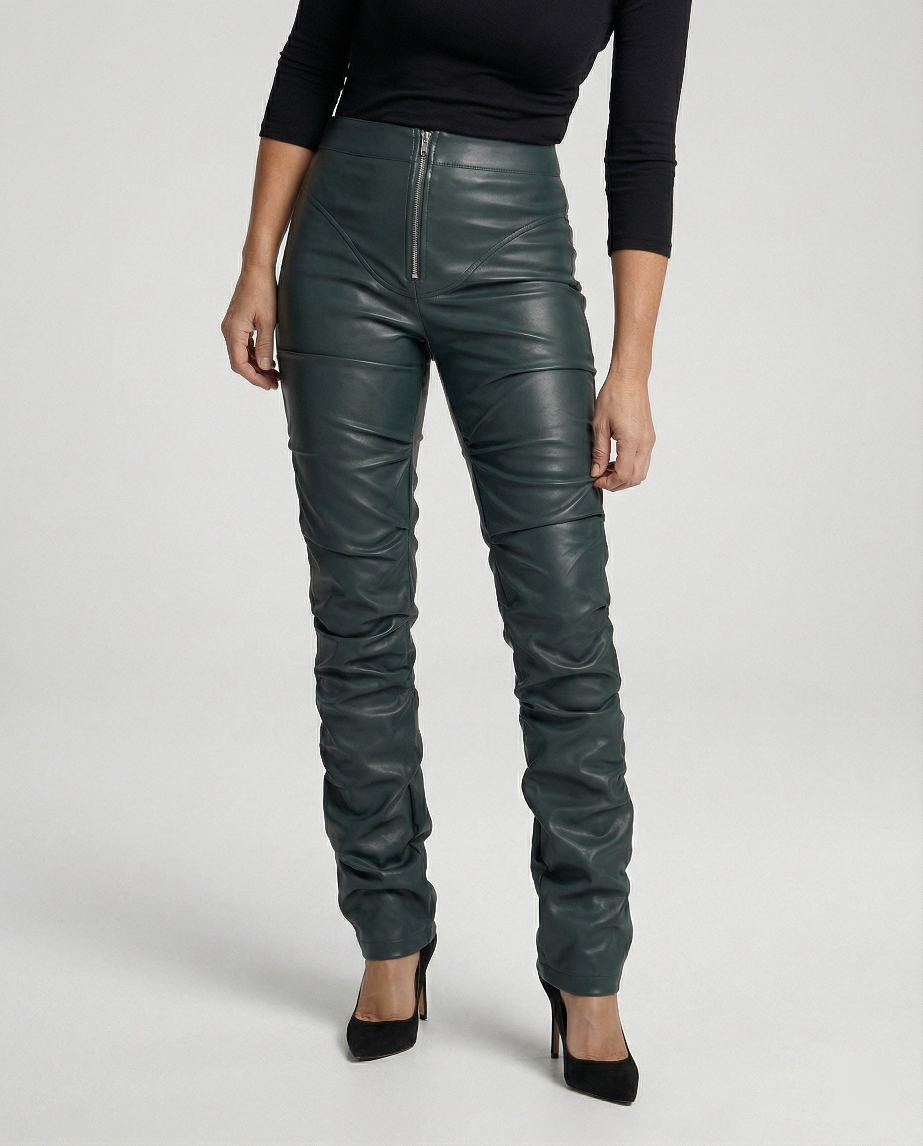 Ladies High-Waist Faux Leather Pants with Wide Leg