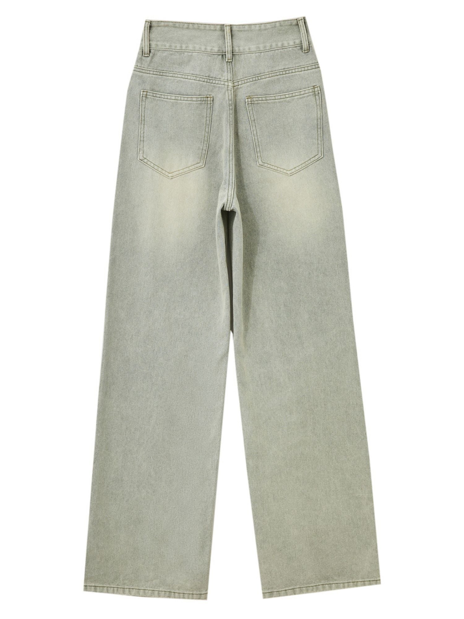 Flat-lay back view of light-wash wide-leg jeans with visible pocket and seam details