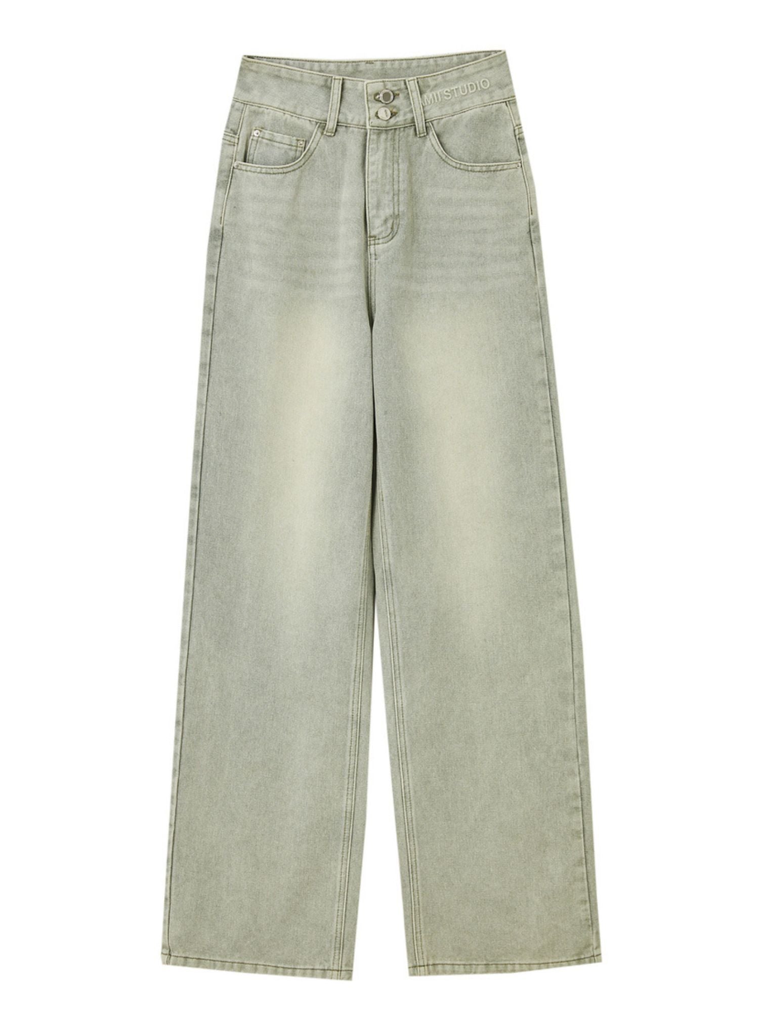 Flat-lay front view of light-wash wide-leg jeans, showing the full length and fit