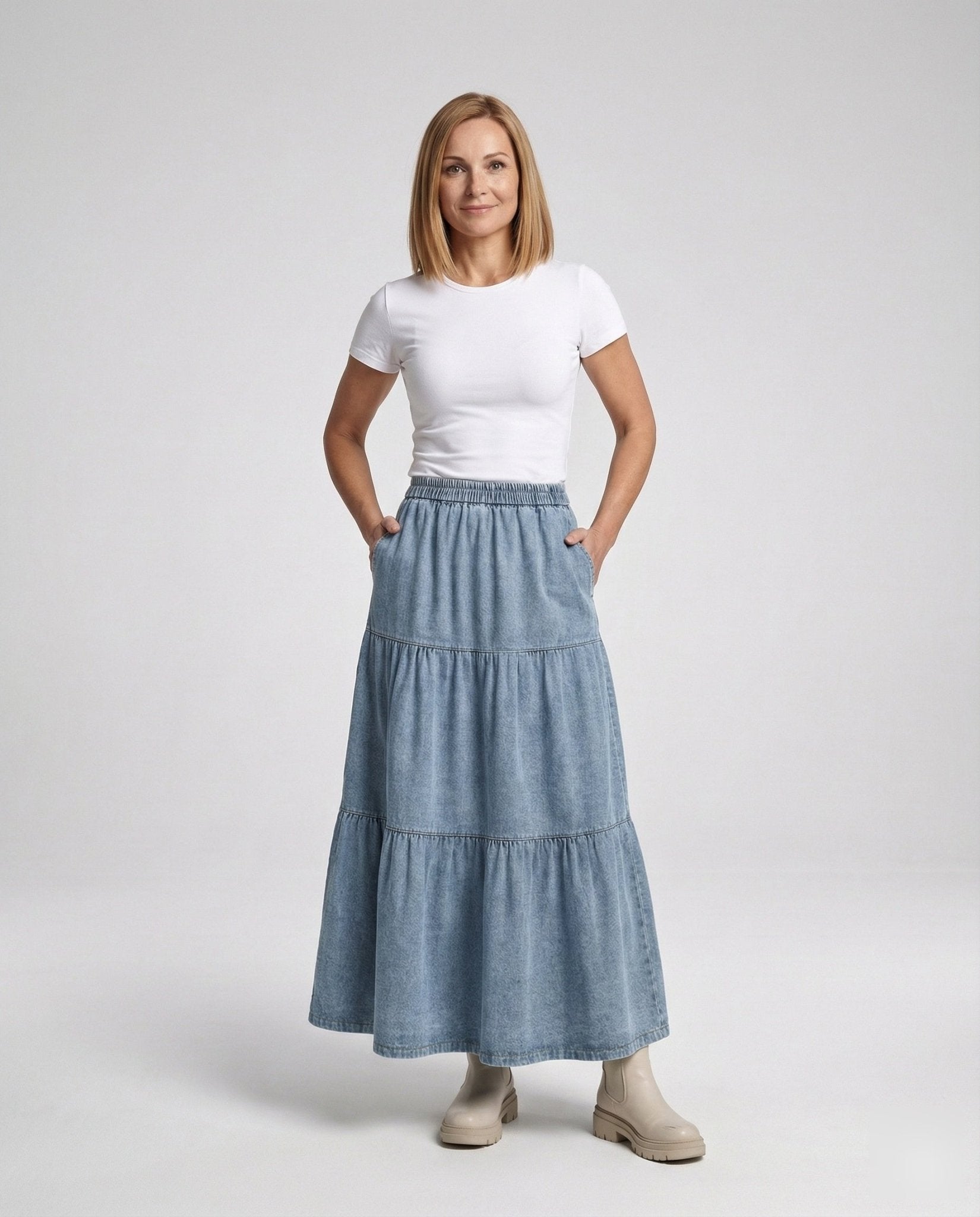 Maxi skirt denim fabric women layered - Chichicherry