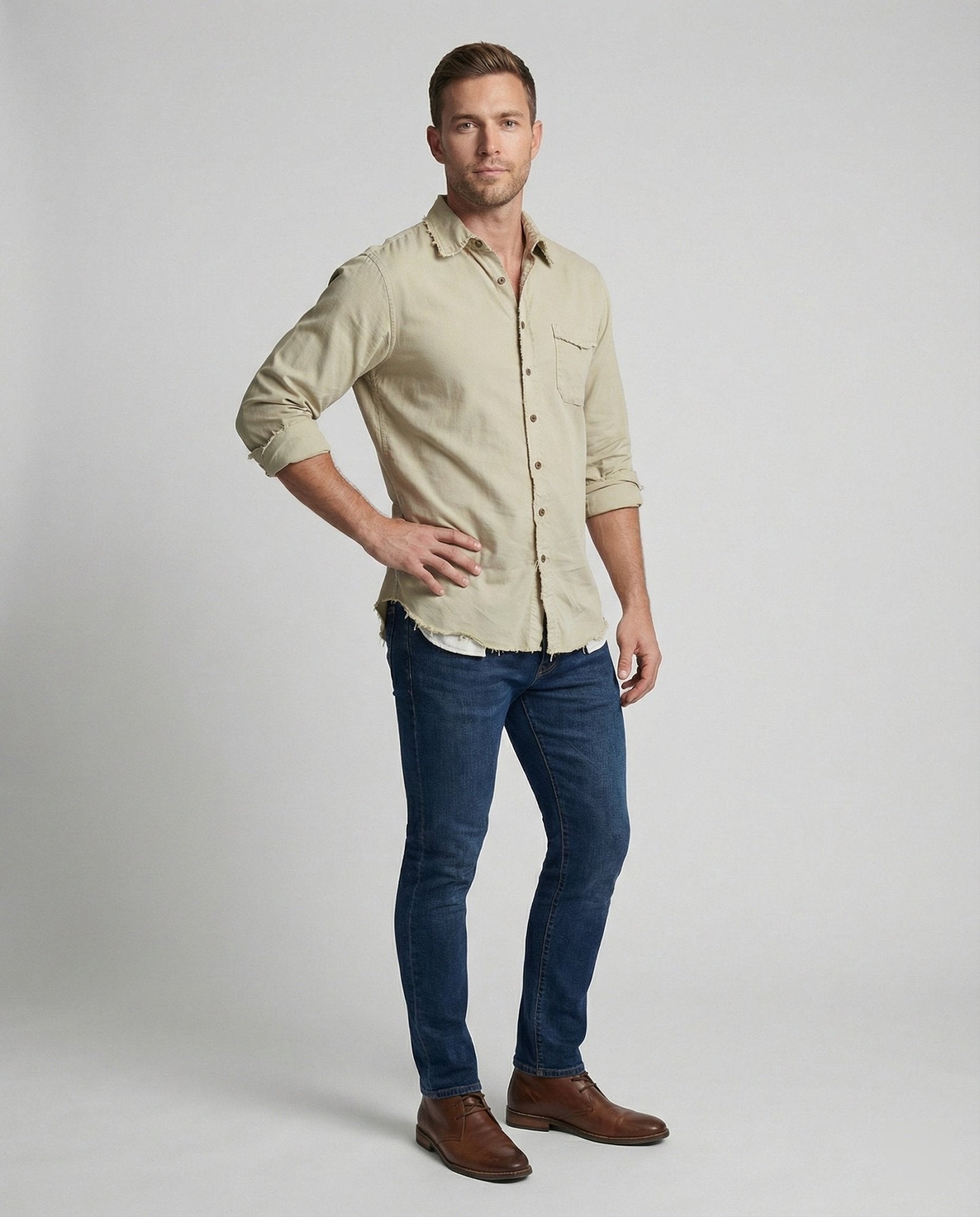 Men's Casual Button-Down Shirt with Asymmetrical Hem - Chichicherry