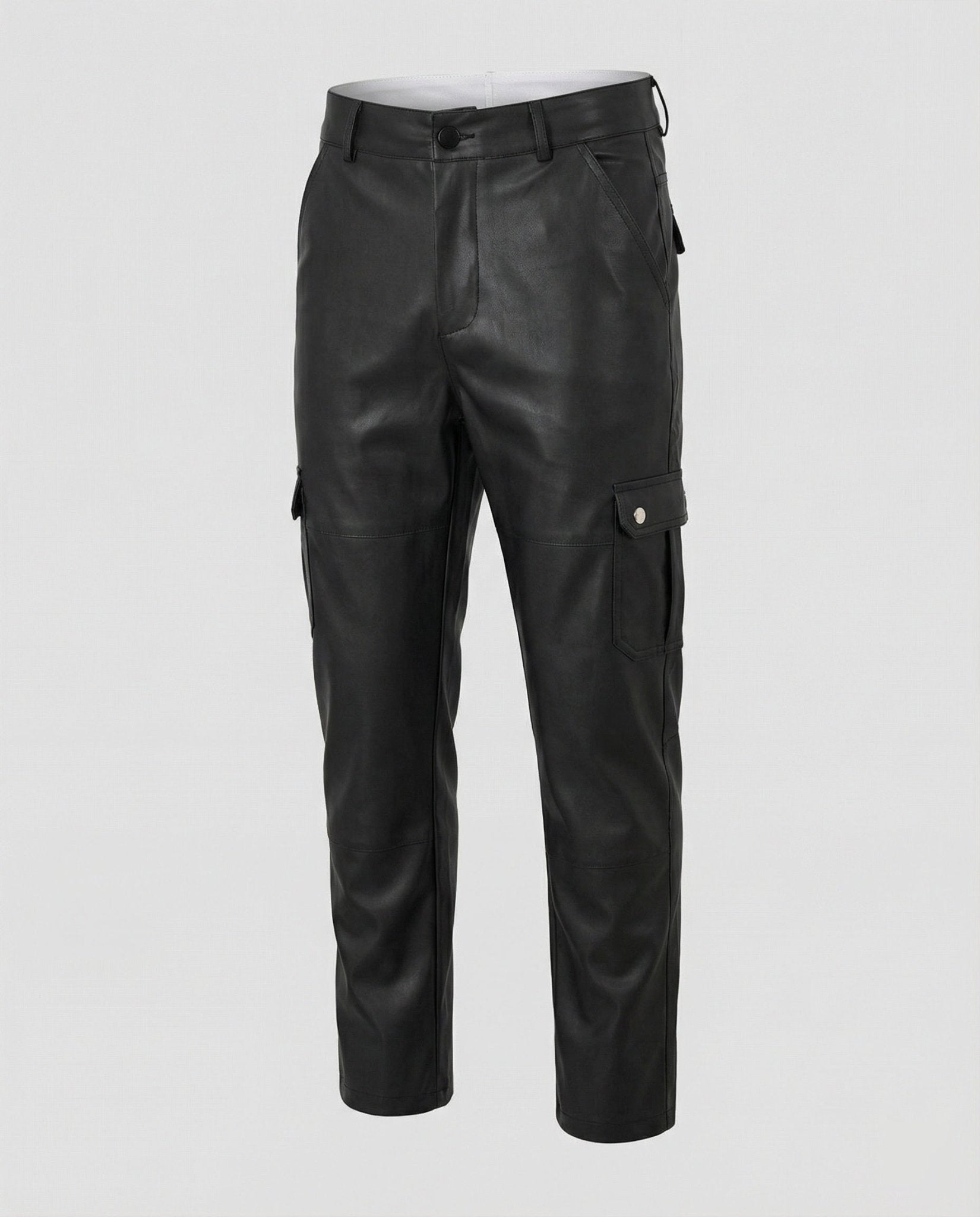 Men's Faux Leather Cargo Pants with Side Pockets - Chichicherry