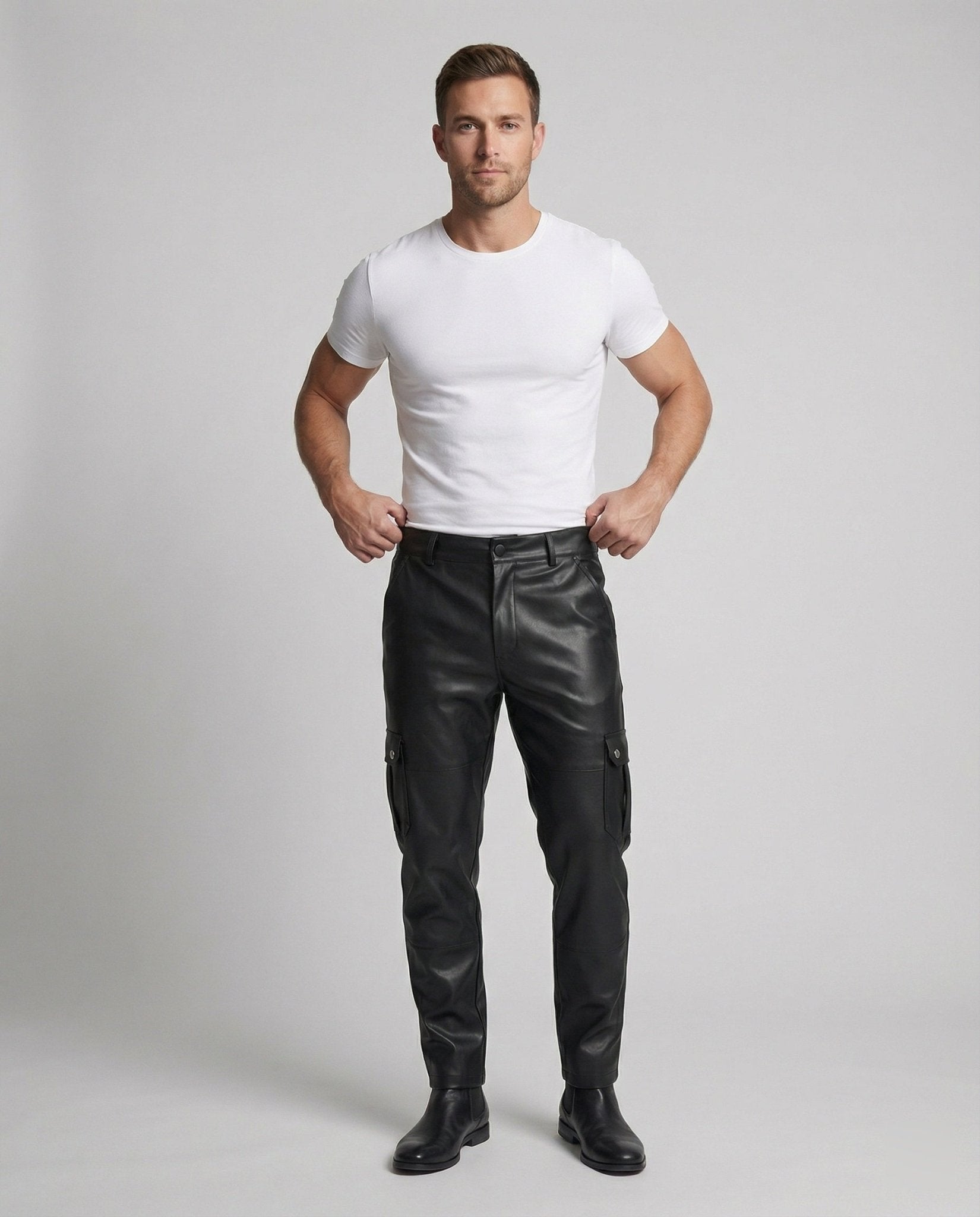Men's Faux Leather Cargo Pants with Side Pockets - Chichicherry