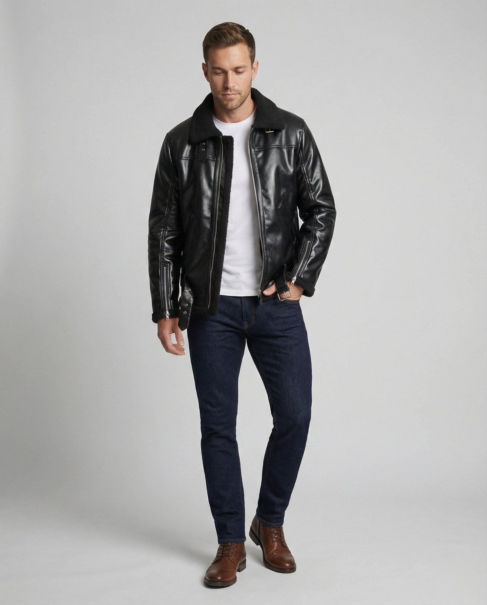 Men's Faux Leather Jacket with Collar - Chichicherry
