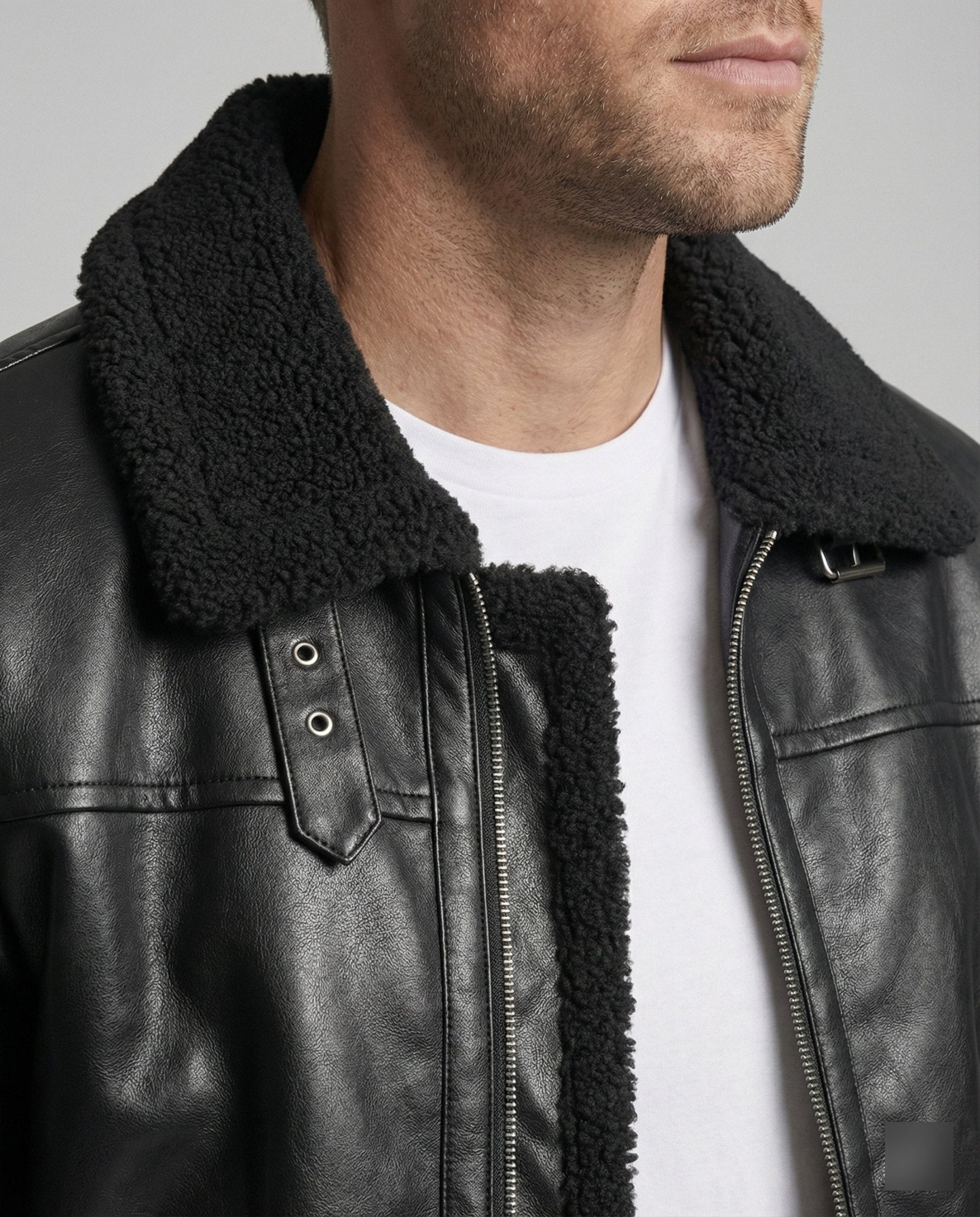 Men's Faux Leather Jacket with Collar - Chichicherry