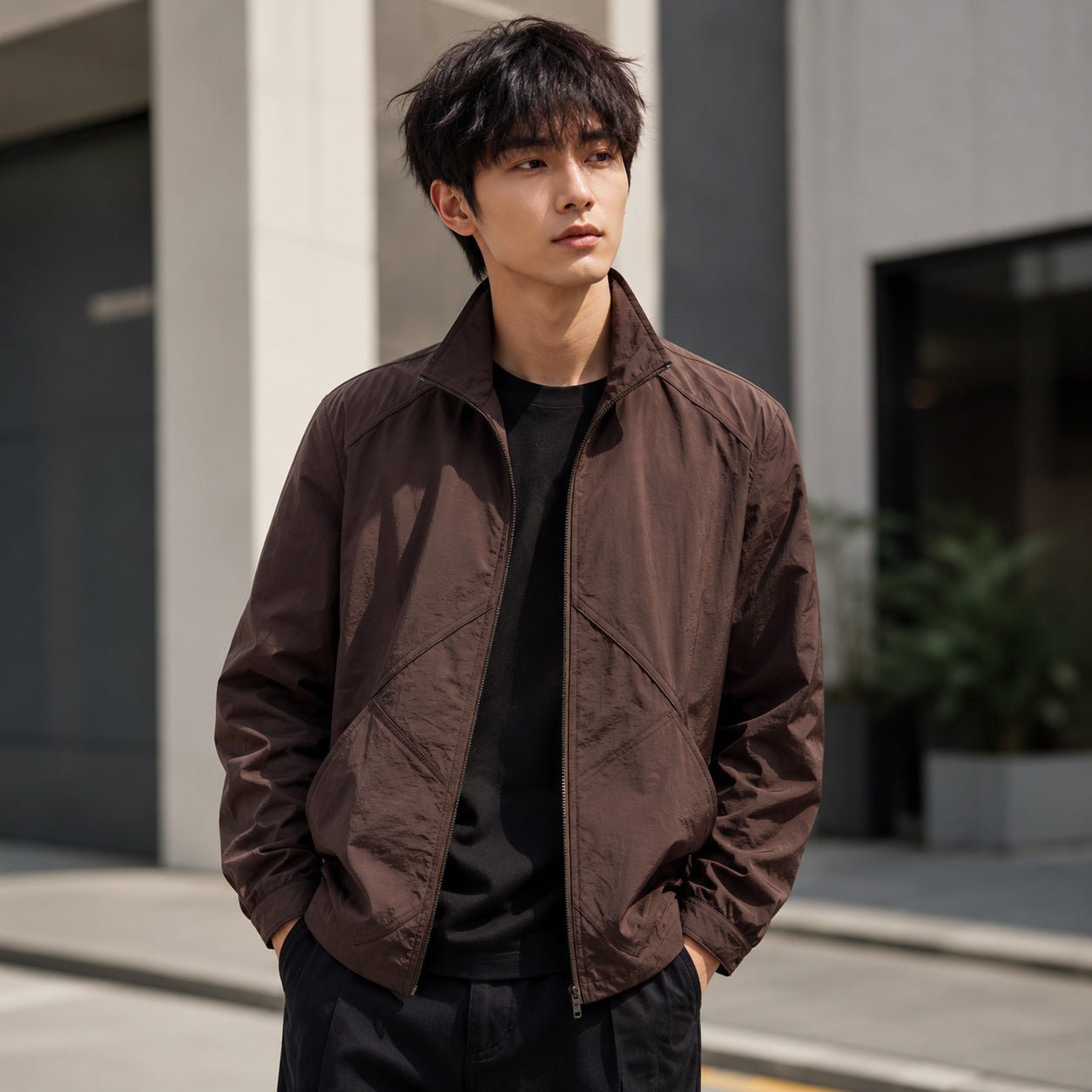 Men's Lightweight Windbreaker Outdoor Jacket with Stand Collar, Two-way Zipper and Concealed Pockets Chichicherry - Chichicherry