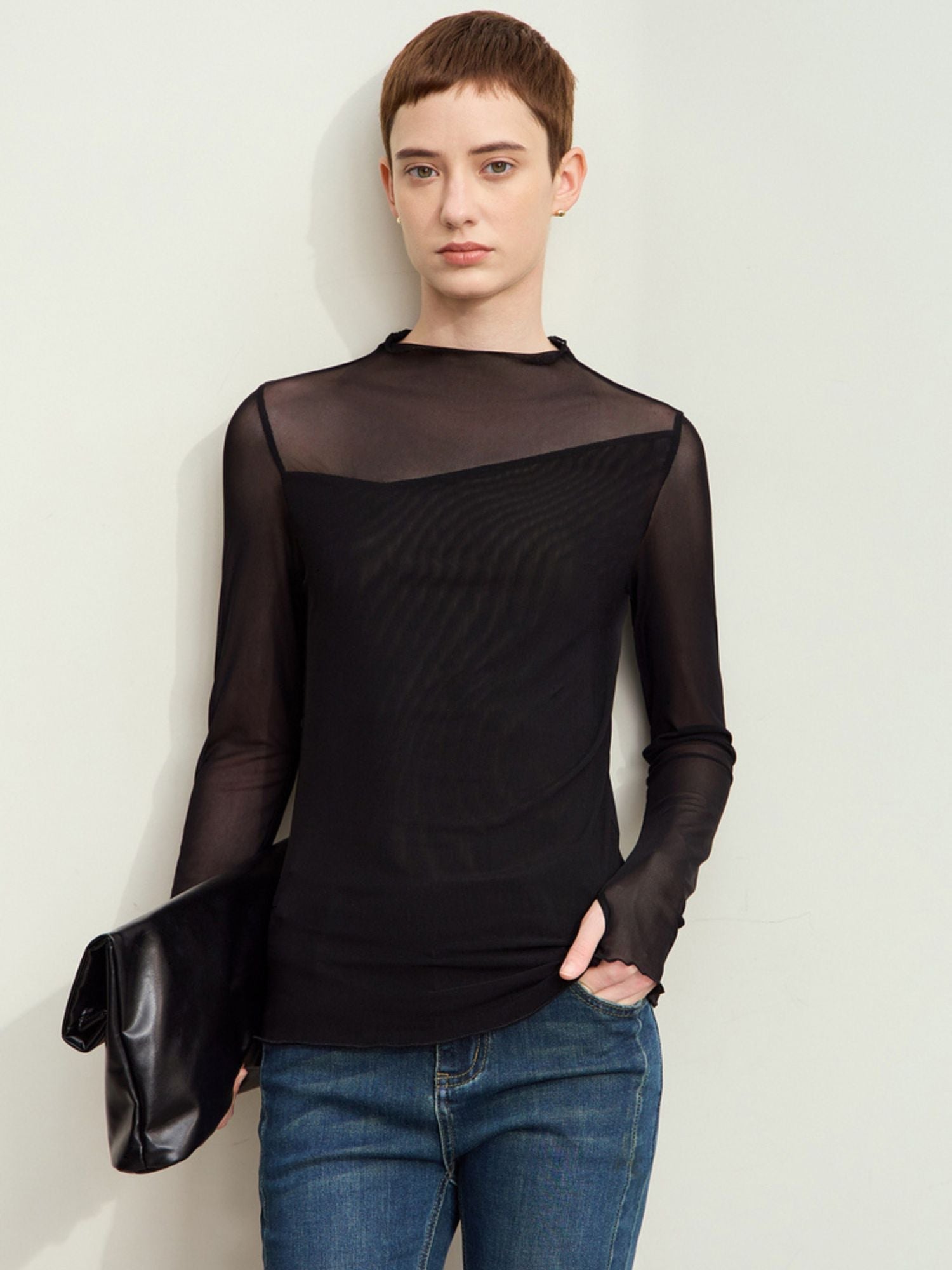 Mesh Long-Sleeve Top with High Neck