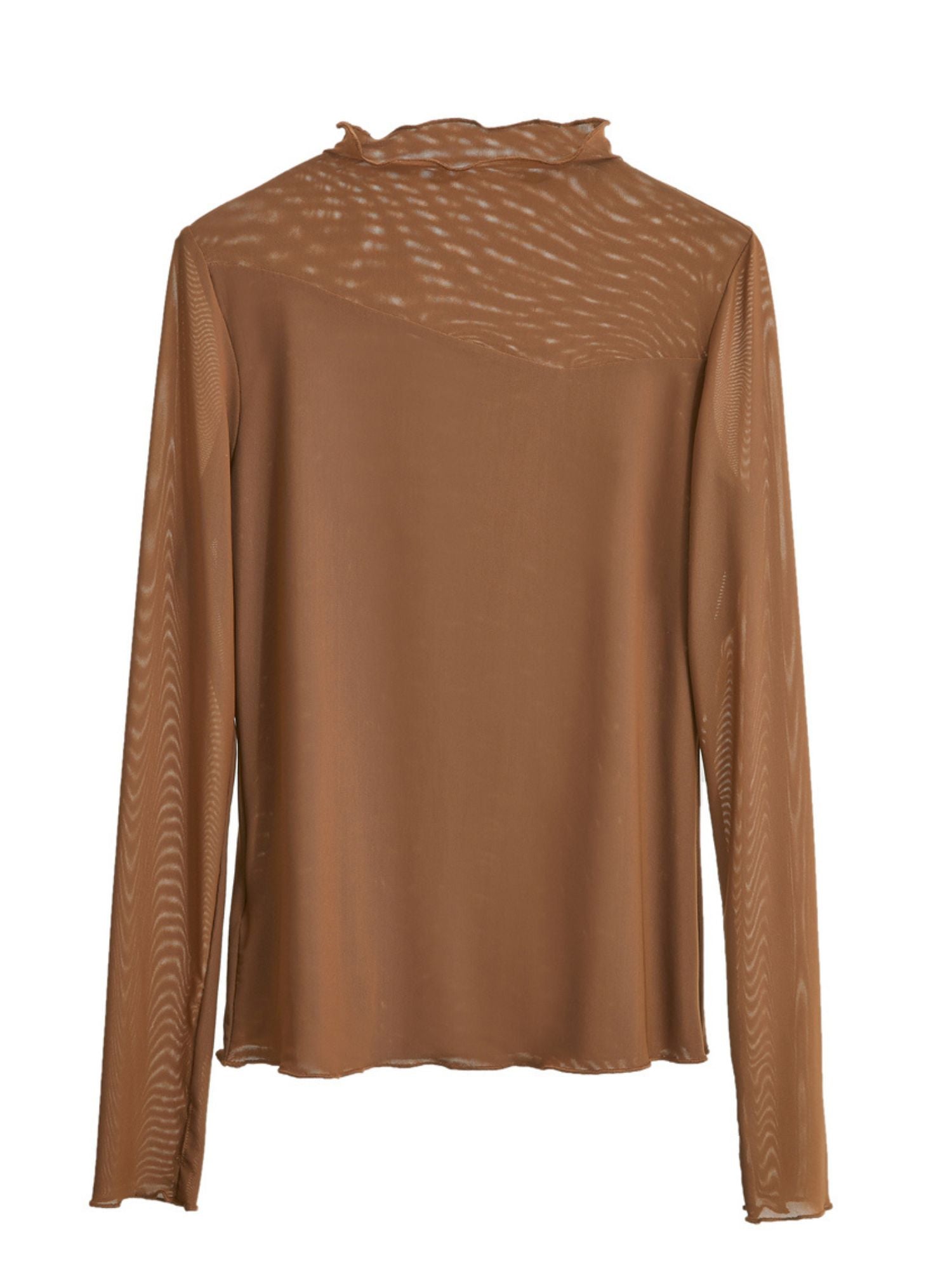 Flat-lay front of brown blouse with visible neckline, seams, and fabric texture