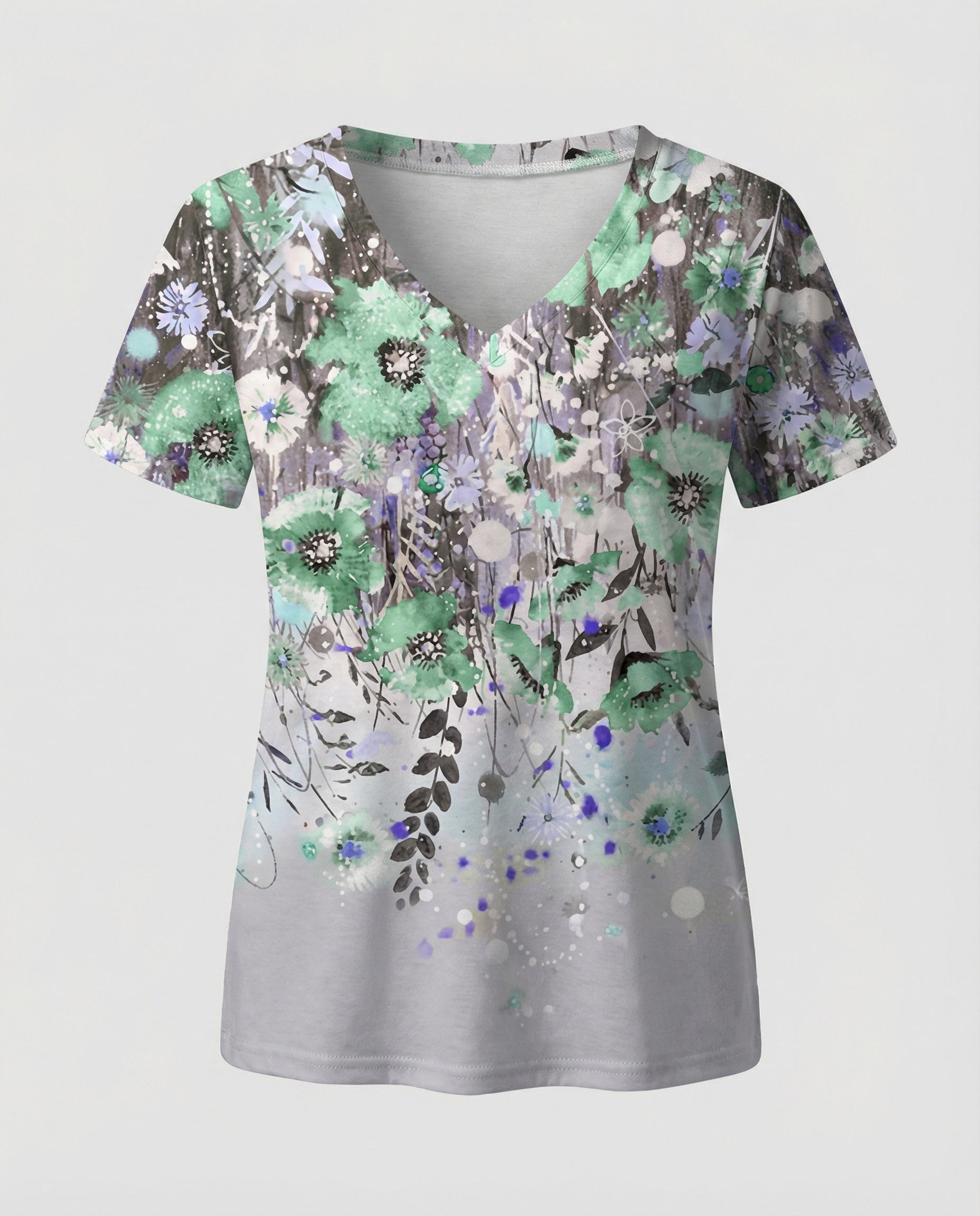 Short sleeve blouse women feather print V-neck