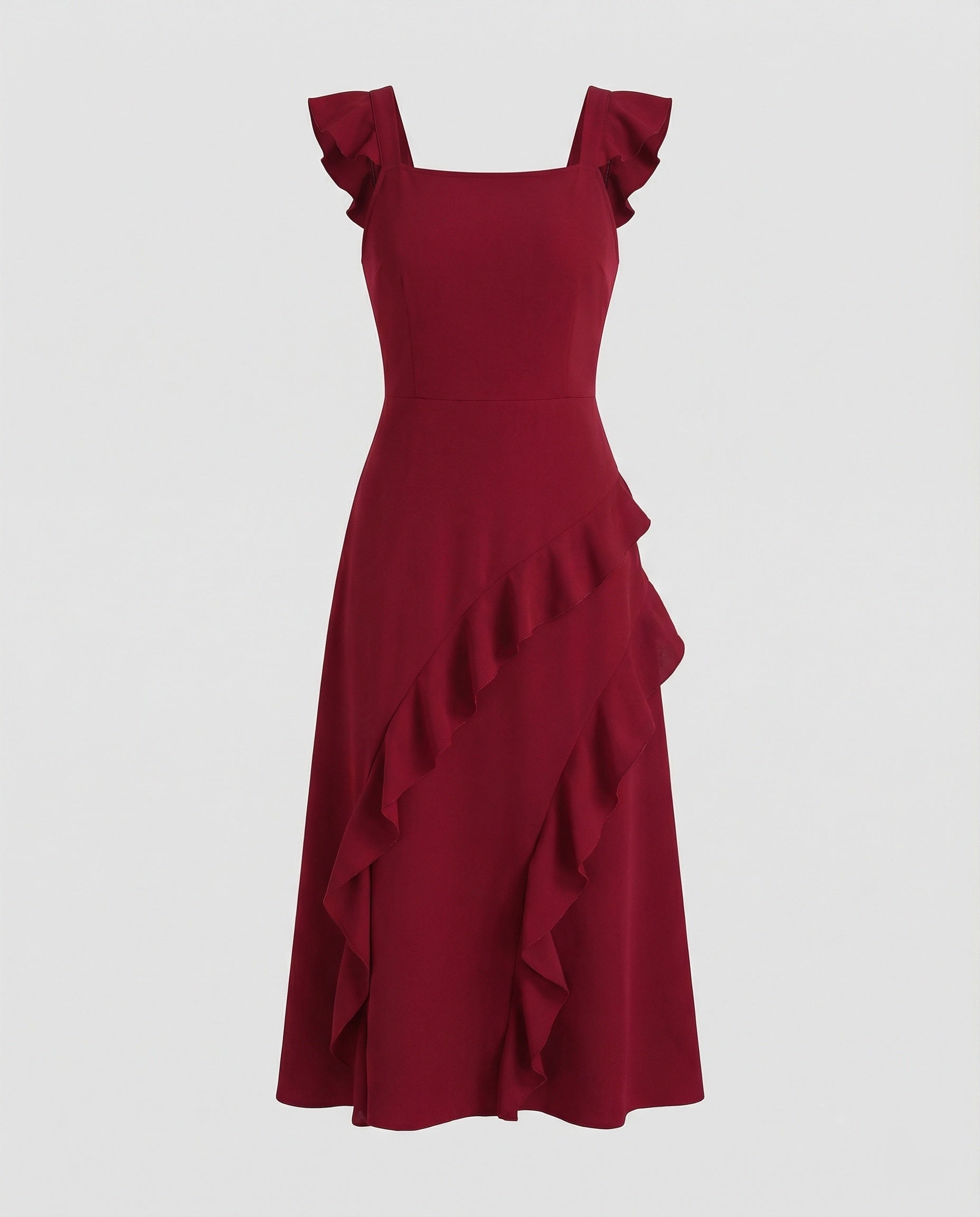 Figure-hugging midi dress with asymmetrical ruffle