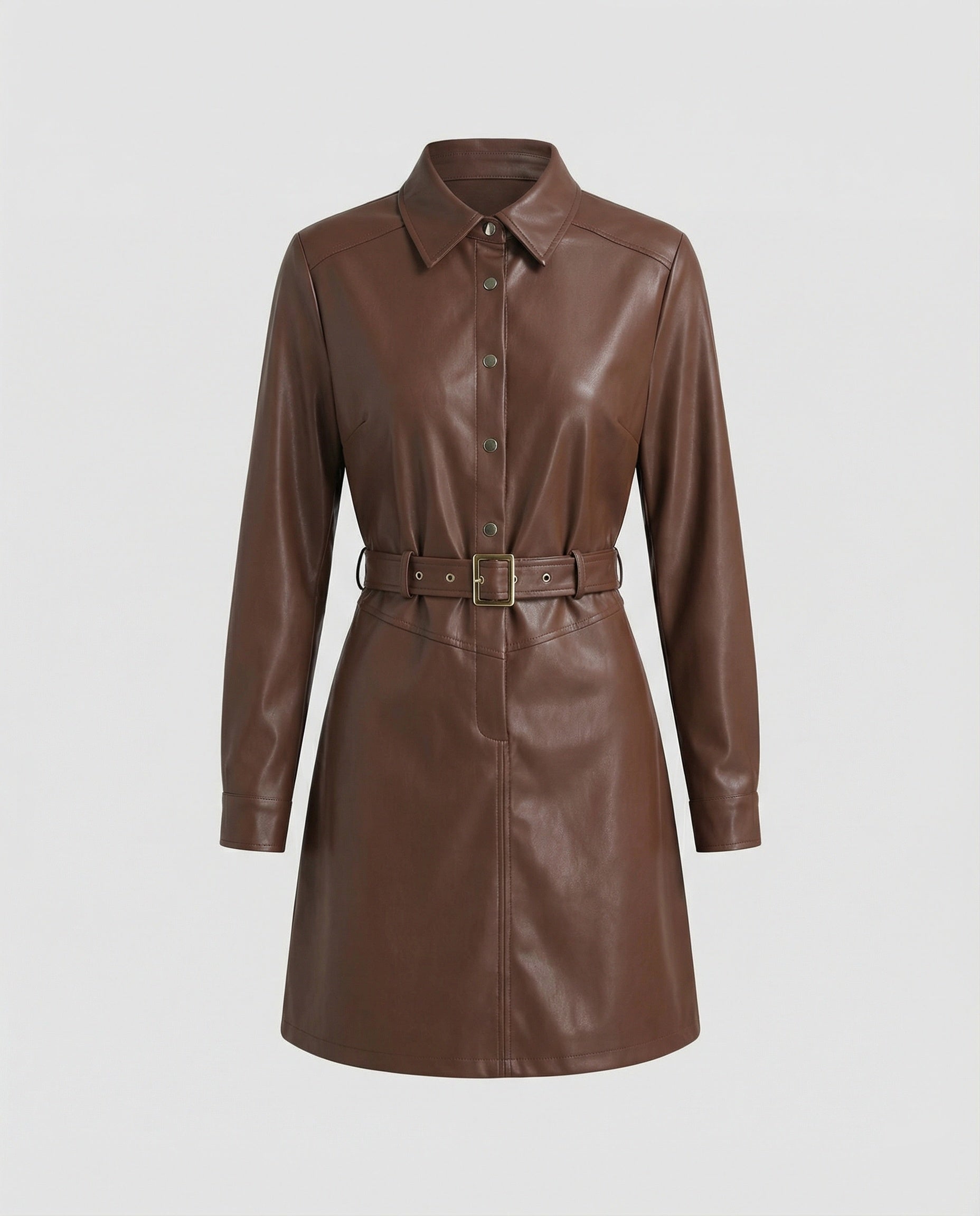 Women Casual Dress Faux Leather Shirt Dress