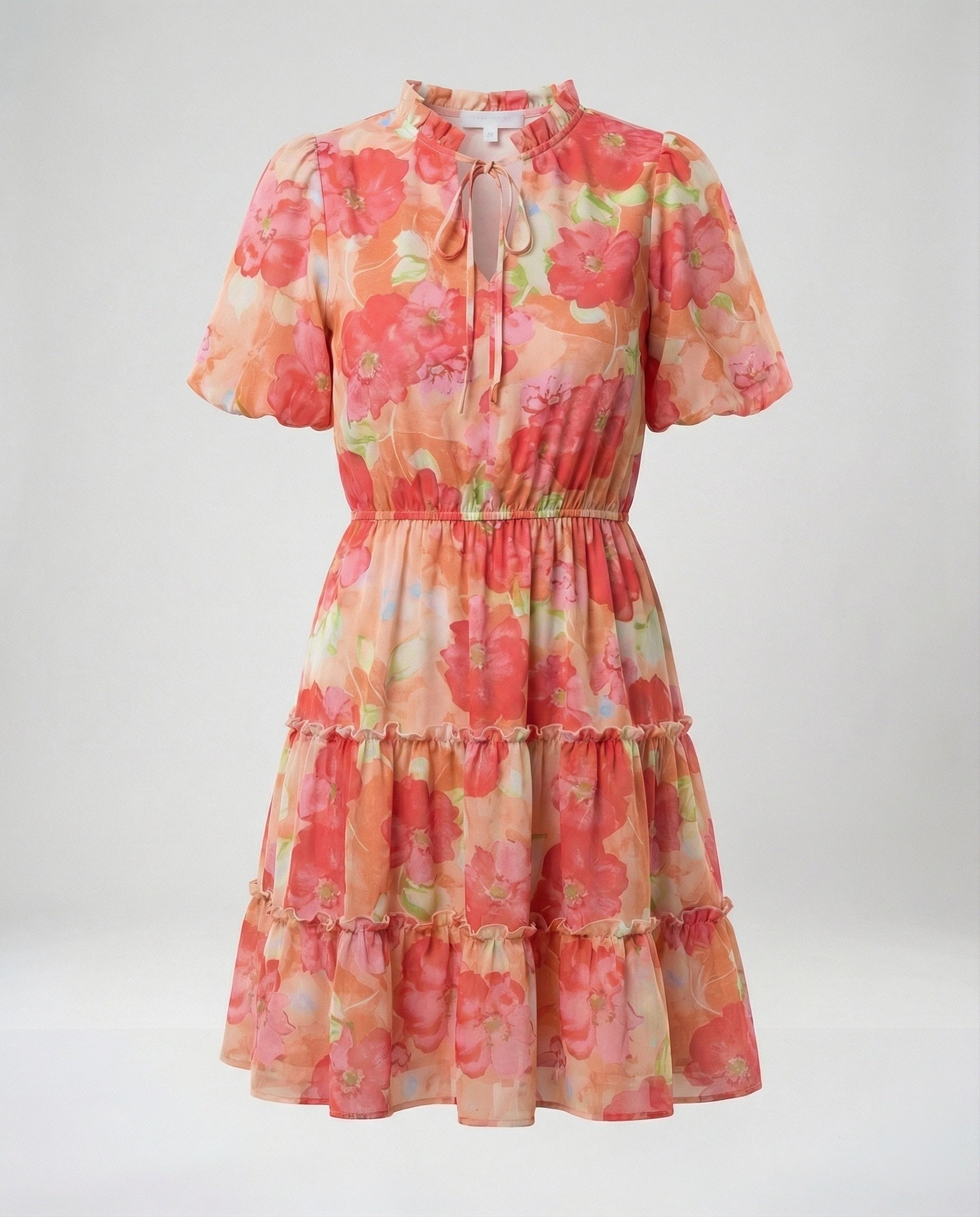 Ladies Tiered Mini Dress with Puff Sleeves