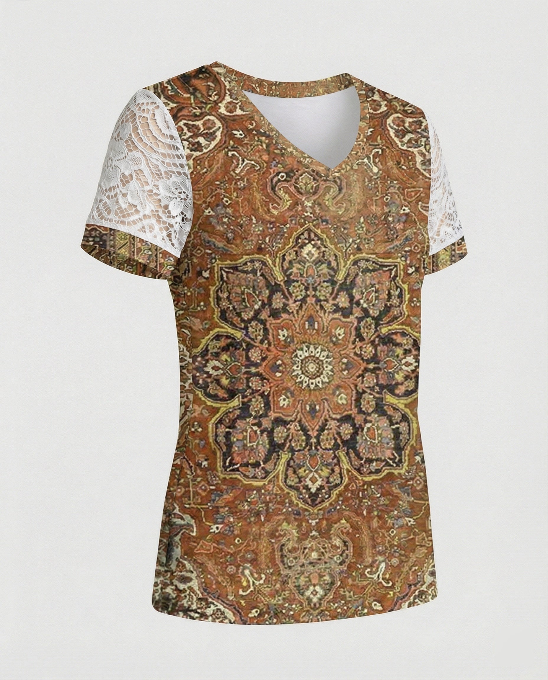 Short sleeve blouse women feather print V-neck