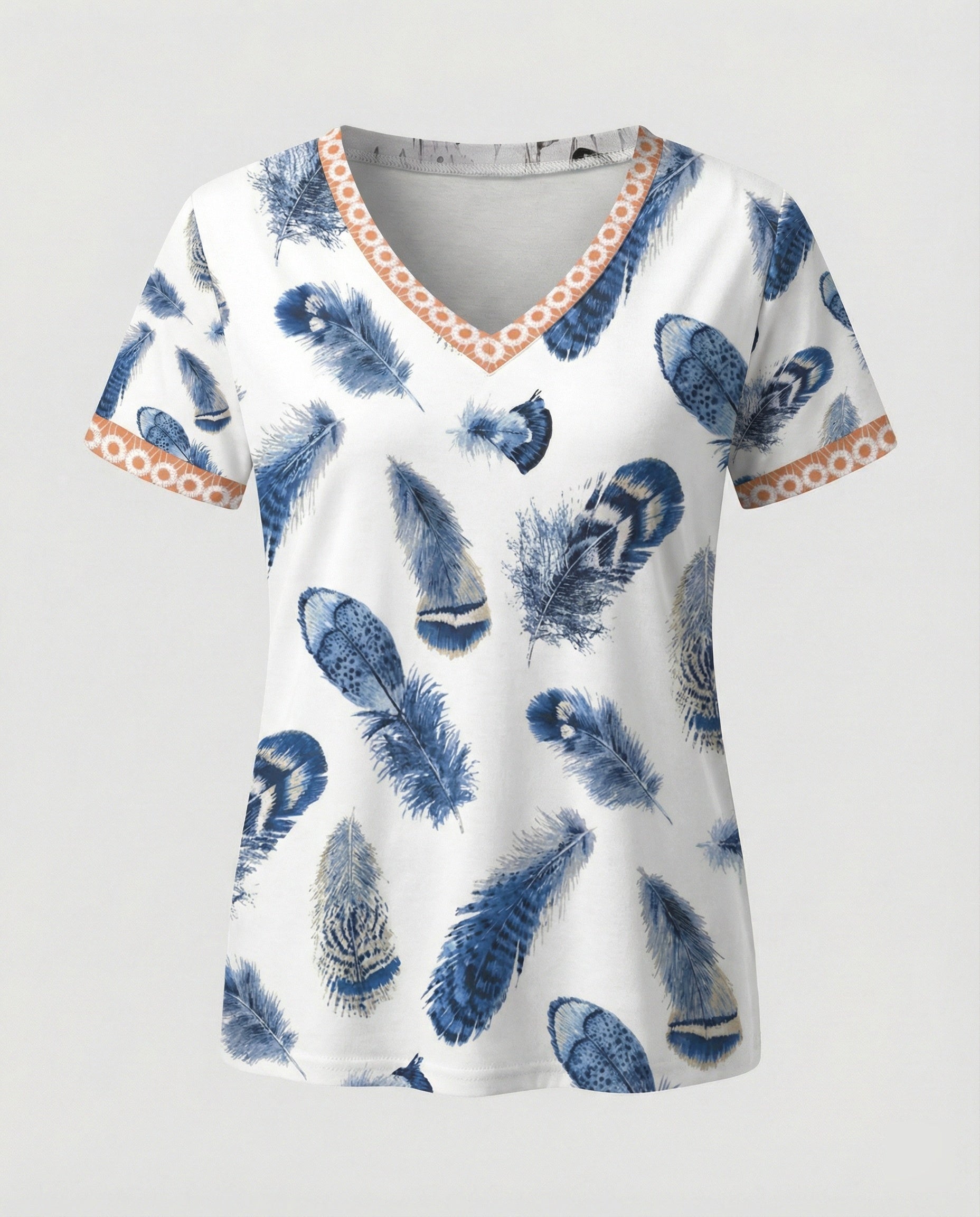 Short sleeve blouse women feather print V-neck