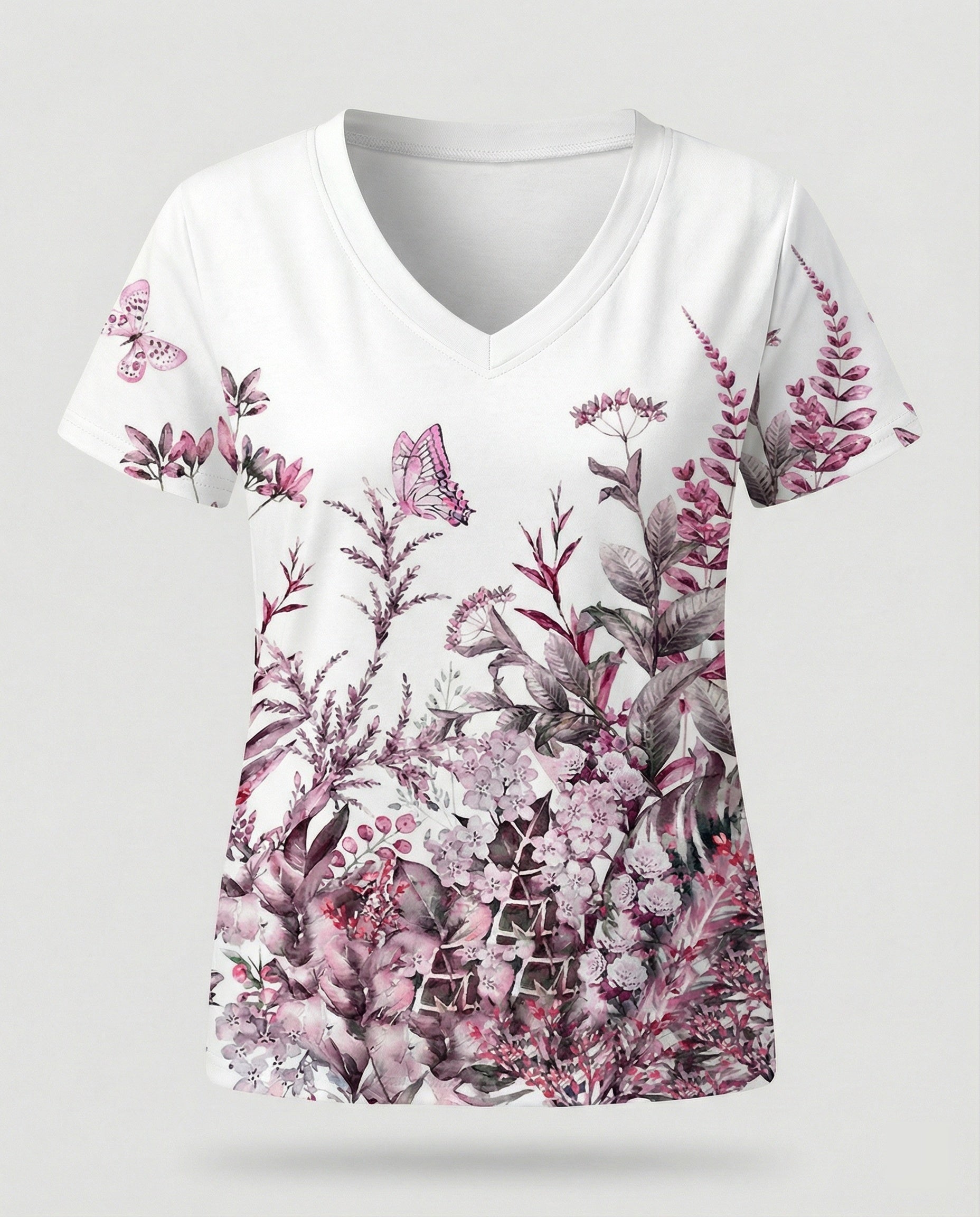 Short sleeve blouse women feather print V-neck