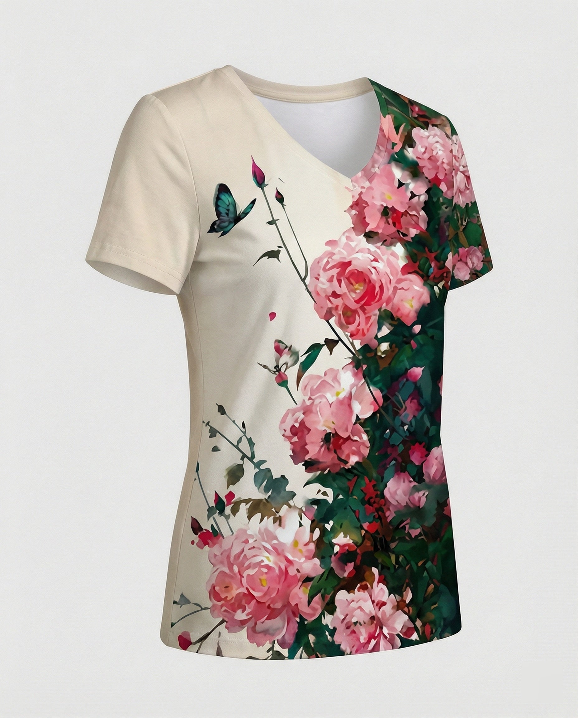 Short sleeve blouse women feather print V-neck