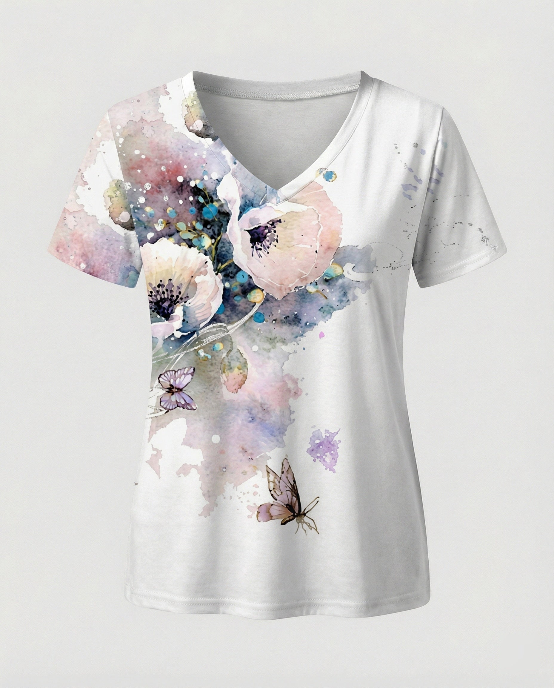 Short sleeve blouse women feather print V-neck
