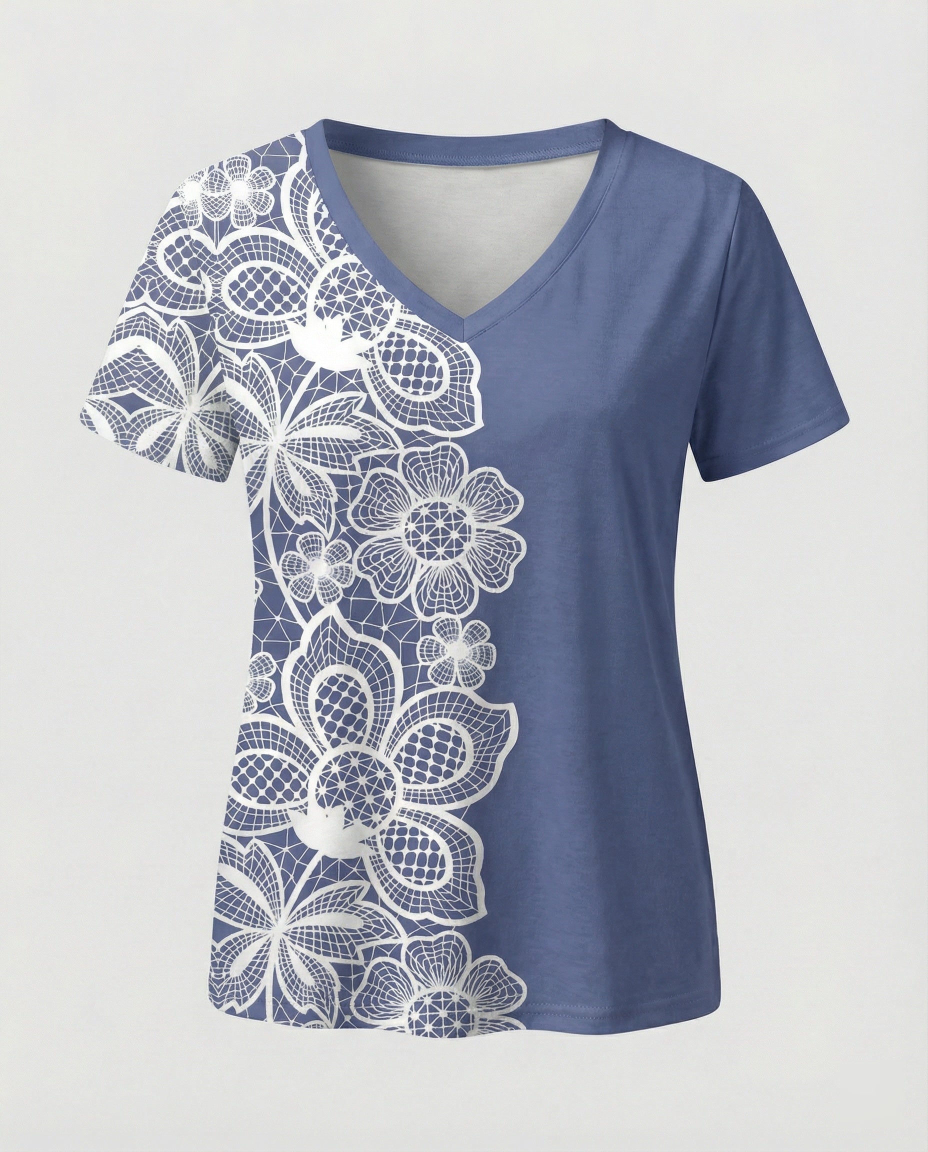 Short sleeve blouse women feather print V-neck