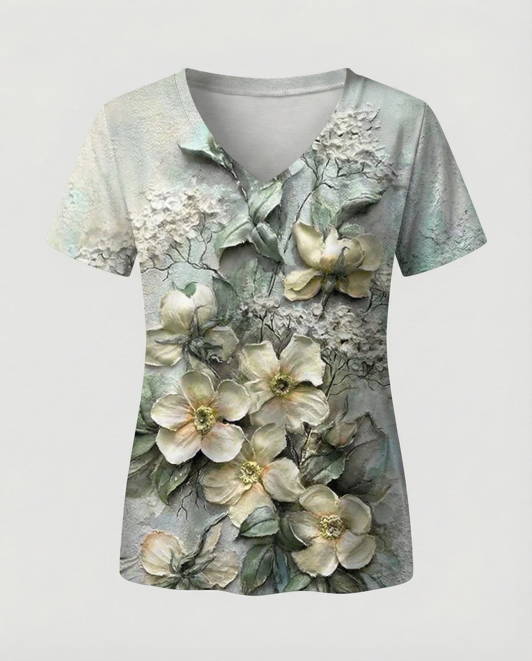 Short sleeve blouse women feather print V-neck