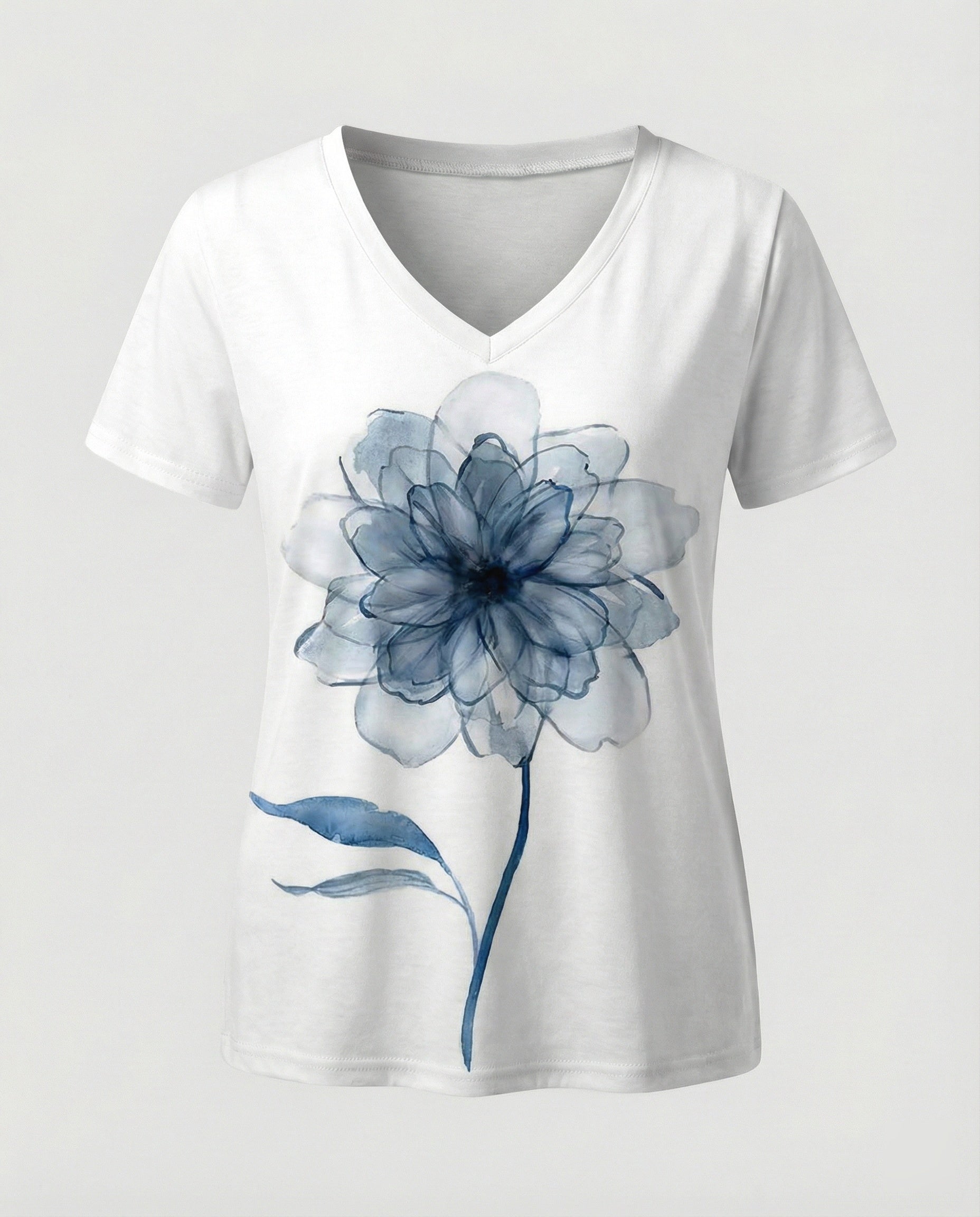Short sleeve blouse women feather print V-neck