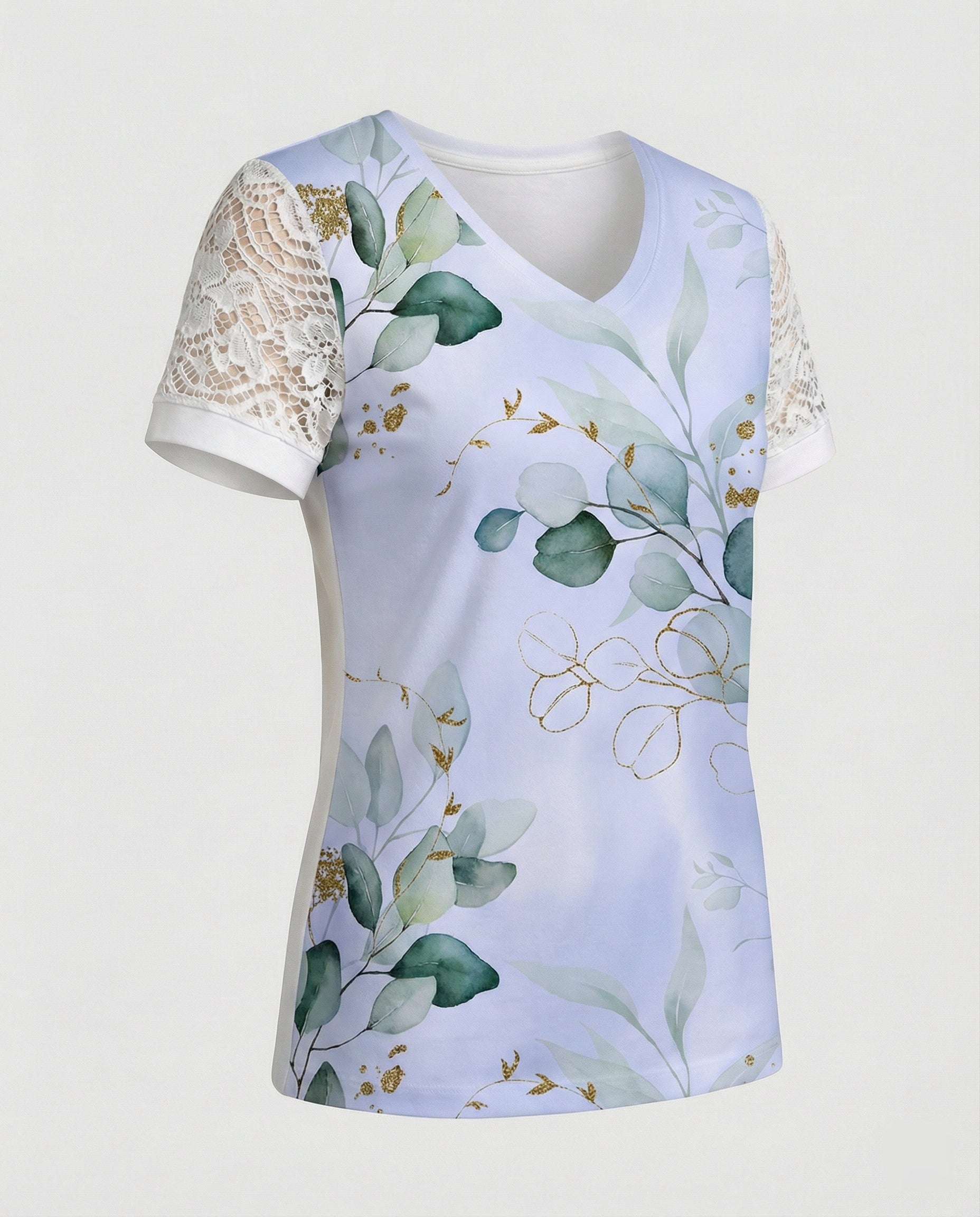 Short sleeve blouse women feather print V-neck