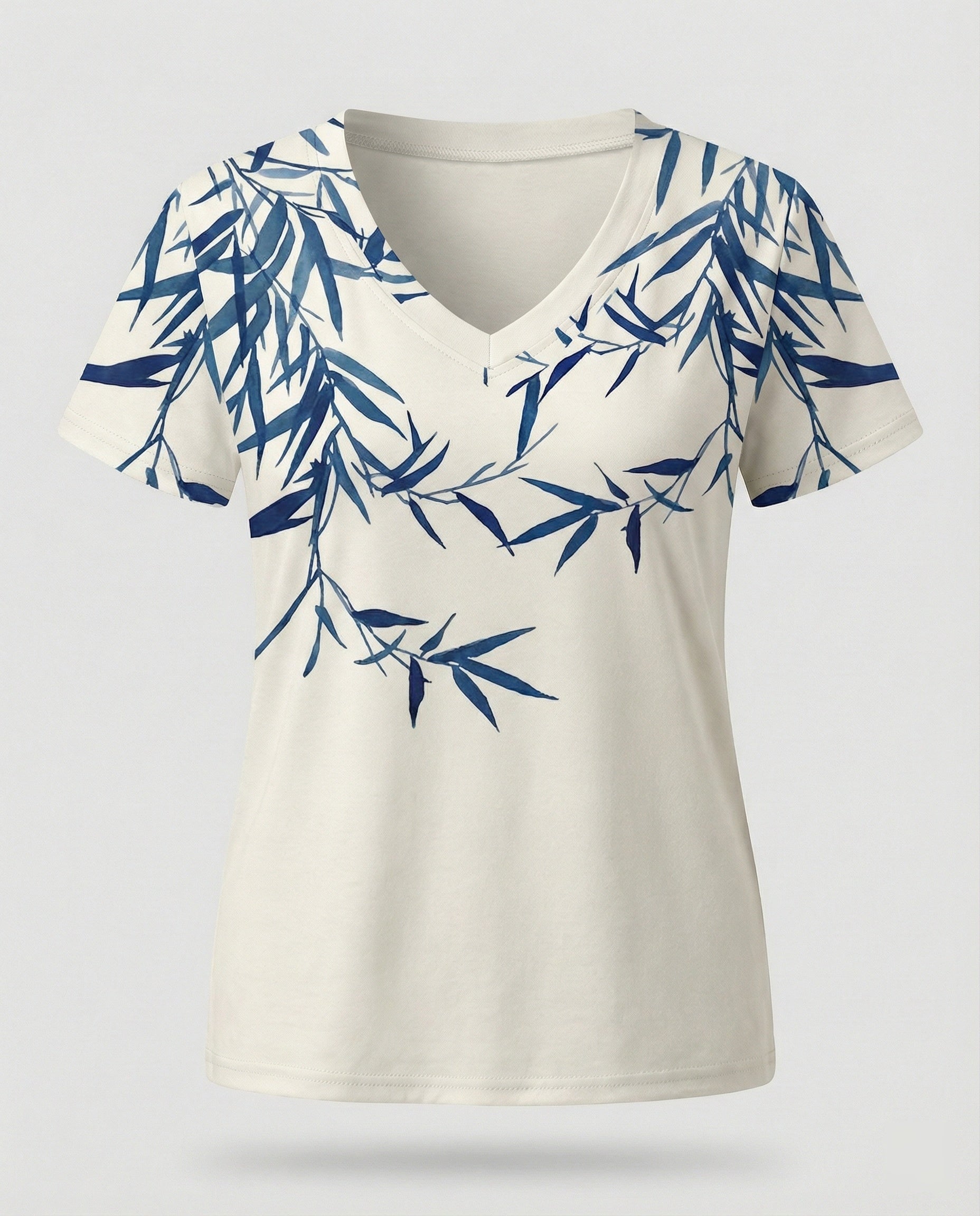 Short sleeve blouse women feather print V-neck