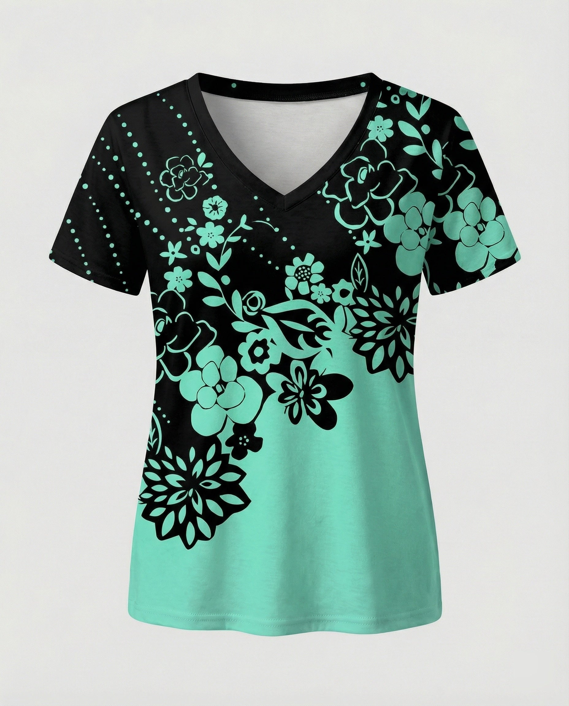 Short sleeve blouse women feather print V-neck