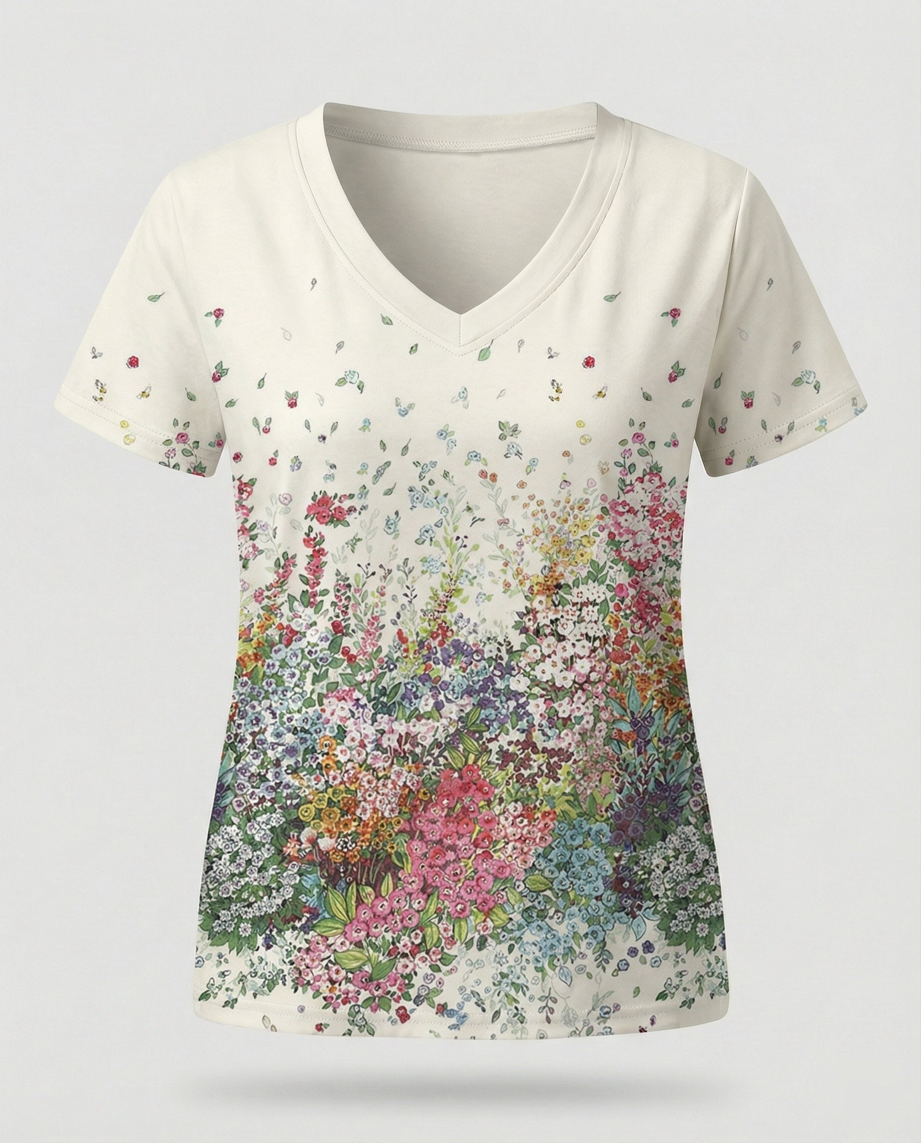 Short sleeve blouse women feather print V-neck