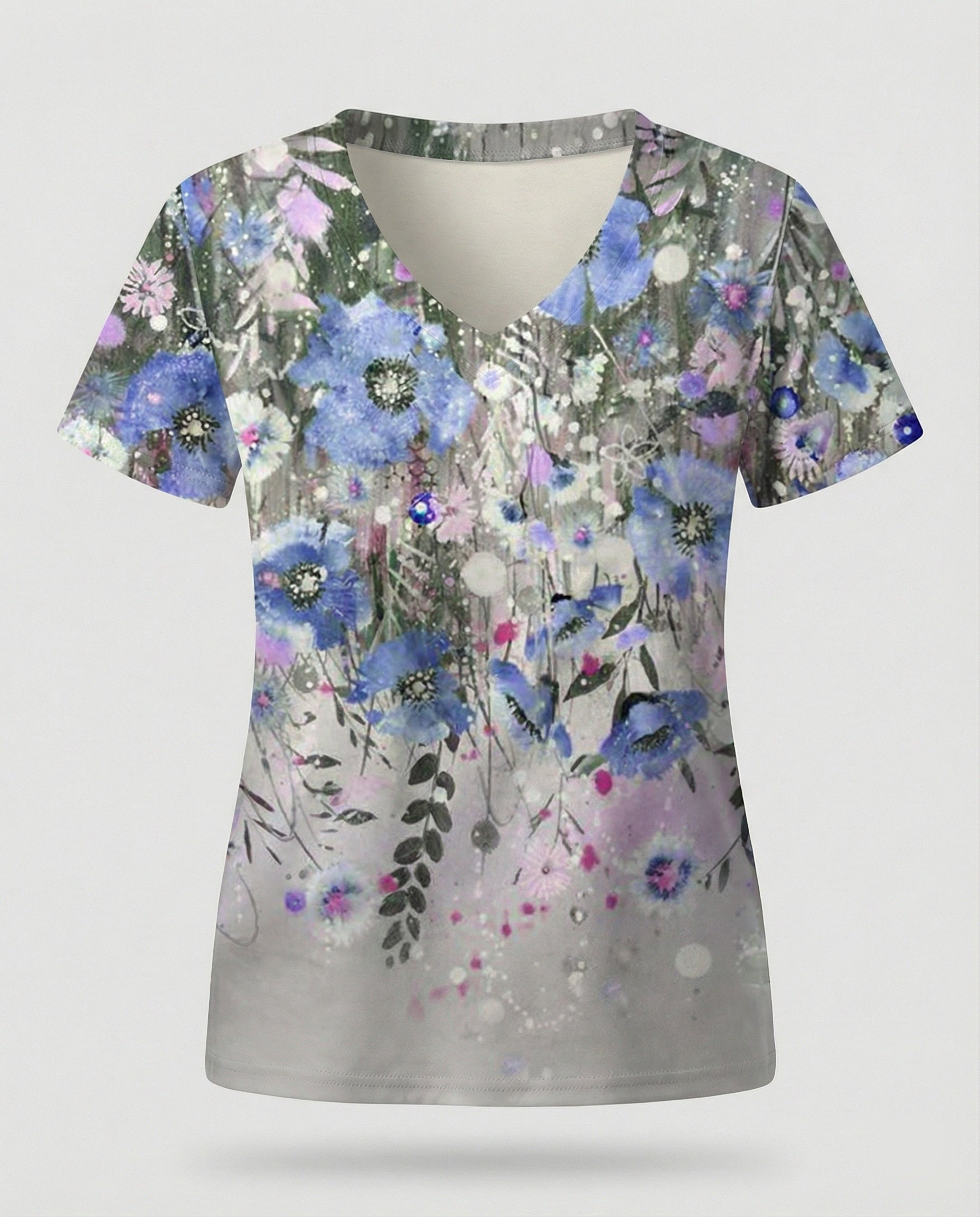 Short sleeve blouse women feather print V-neck