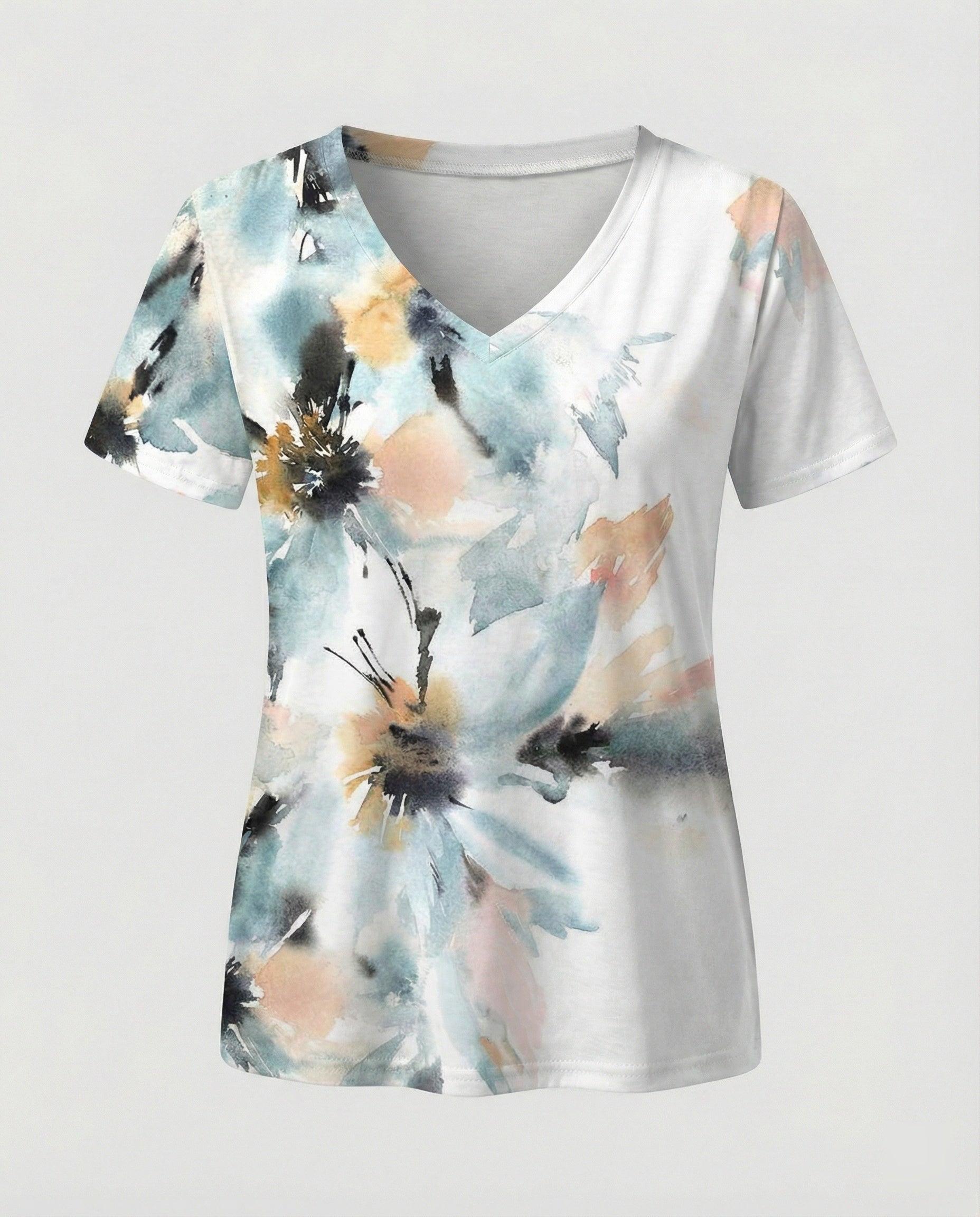 Short sleeve blouse women feather print V-neck