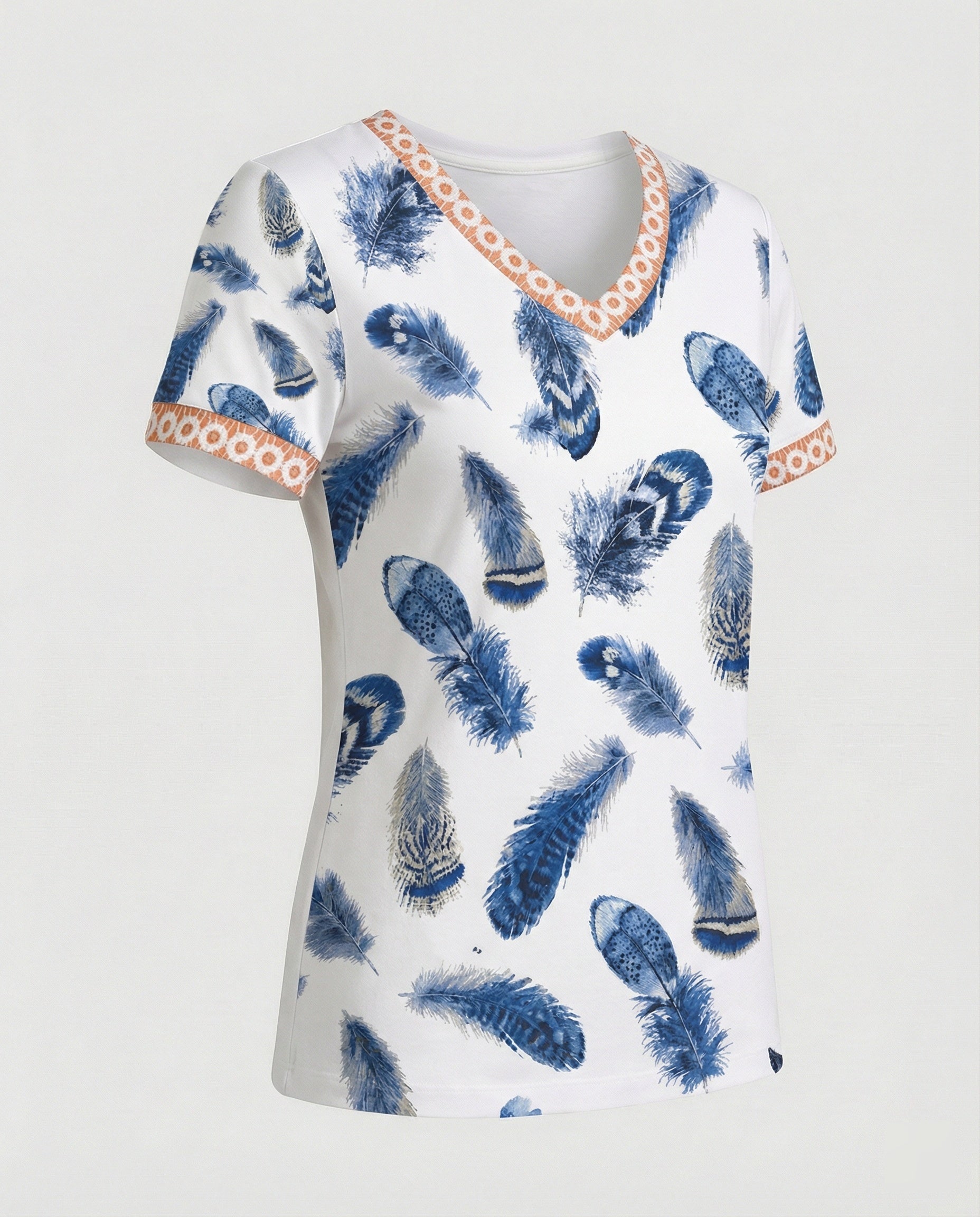 Short sleeve blouse women feather print V-neck