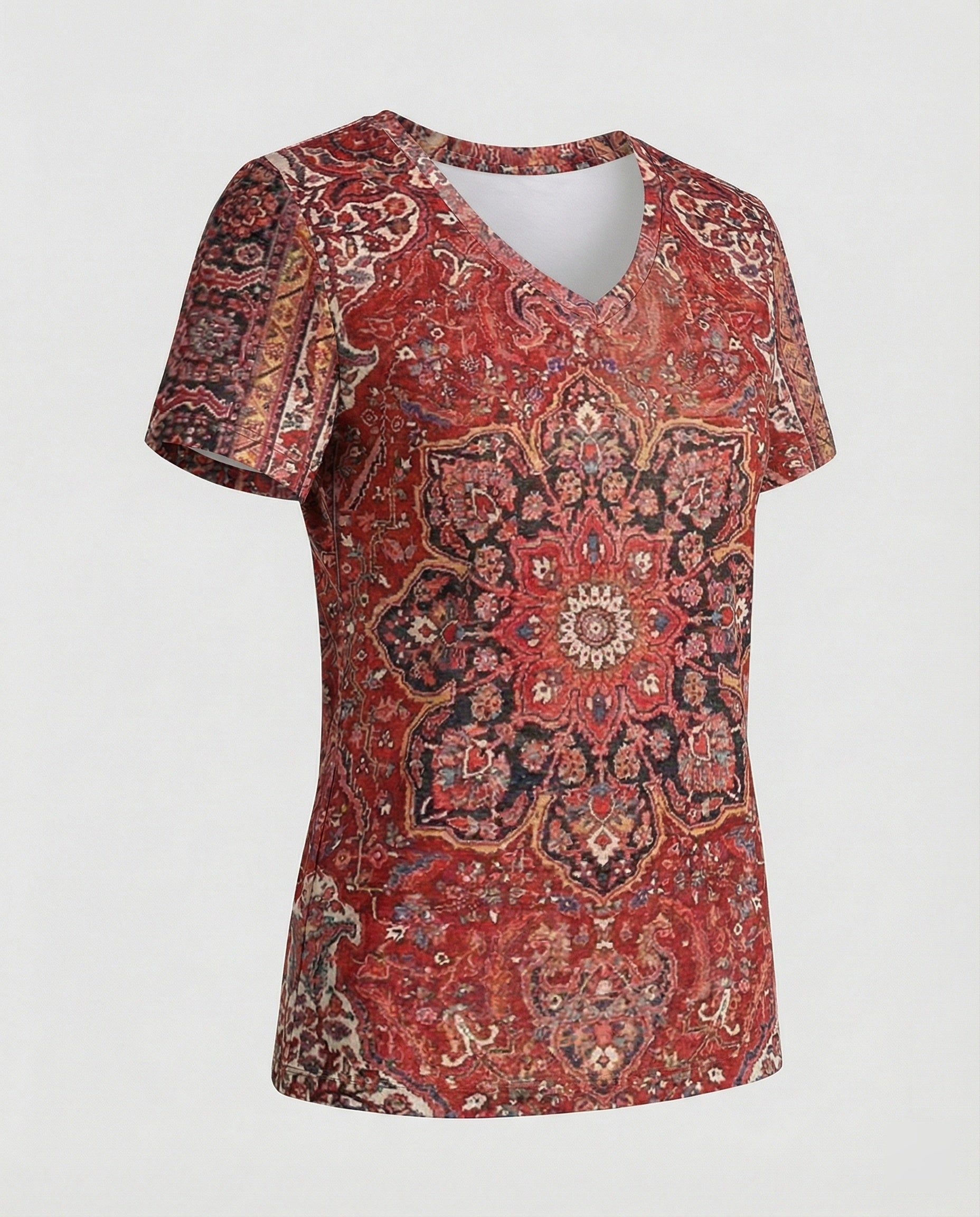 Short sleeve blouse women feather print V-neck