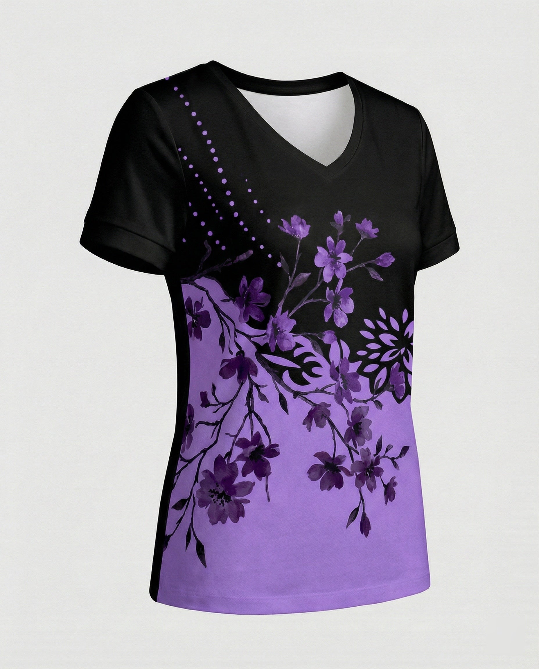 Short sleeve blouse women feather print V-neck