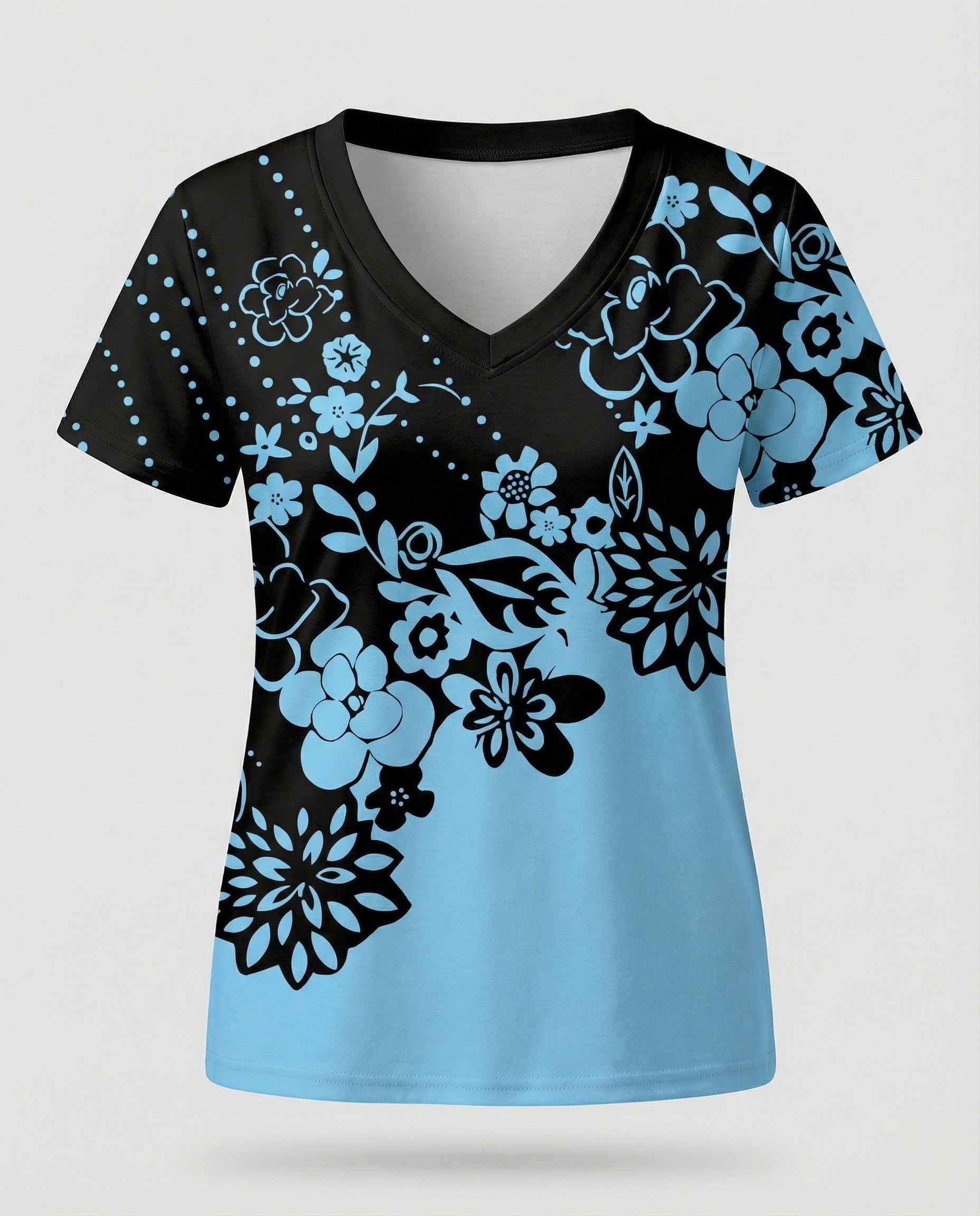 Short sleeve blouse women feather print V-neck