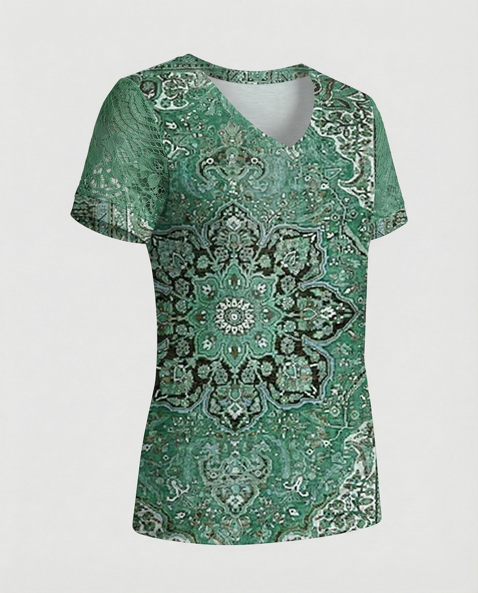 Short sleeve blouse women feather print V-neck