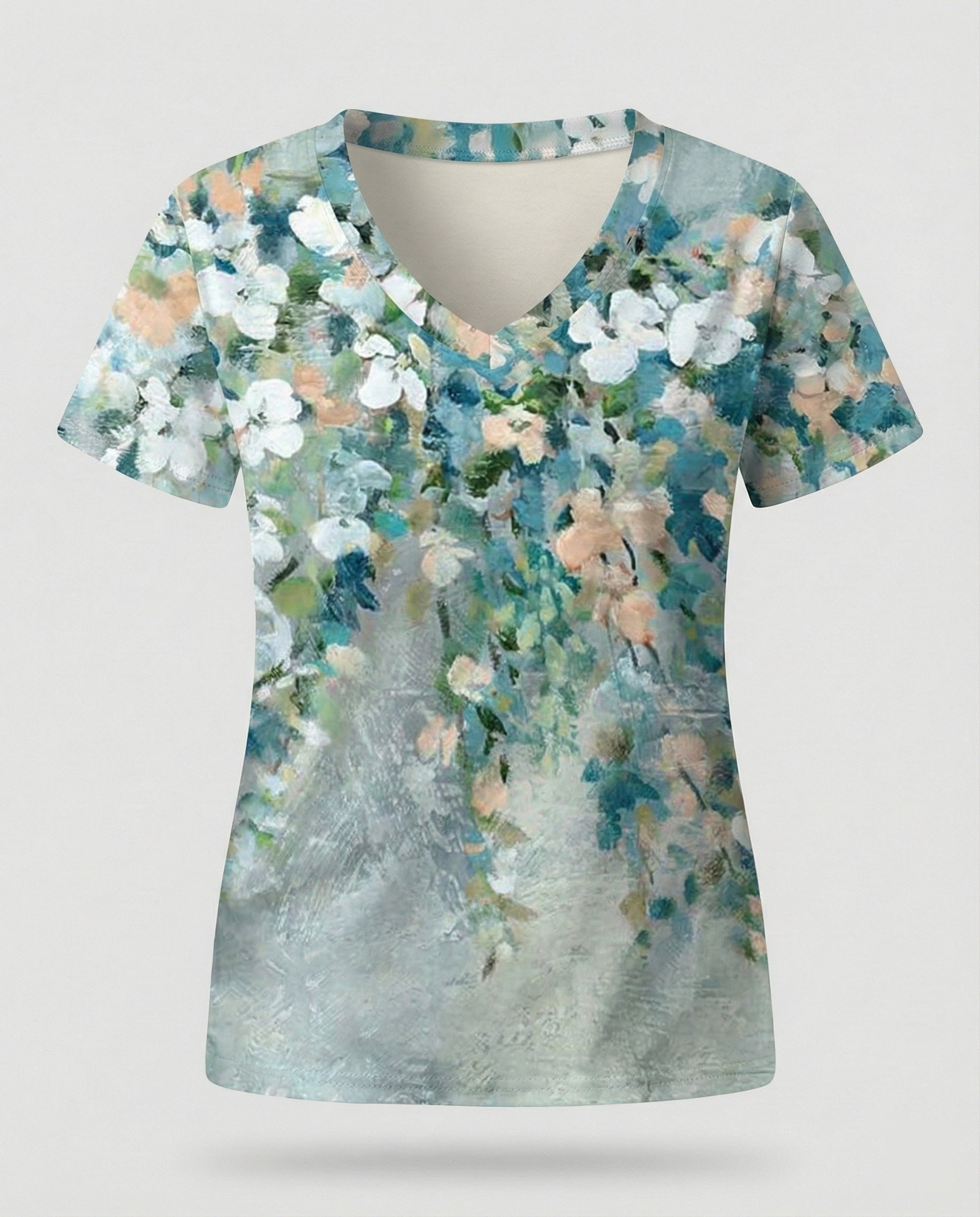 Short sleeve blouse women feather print V-neck
